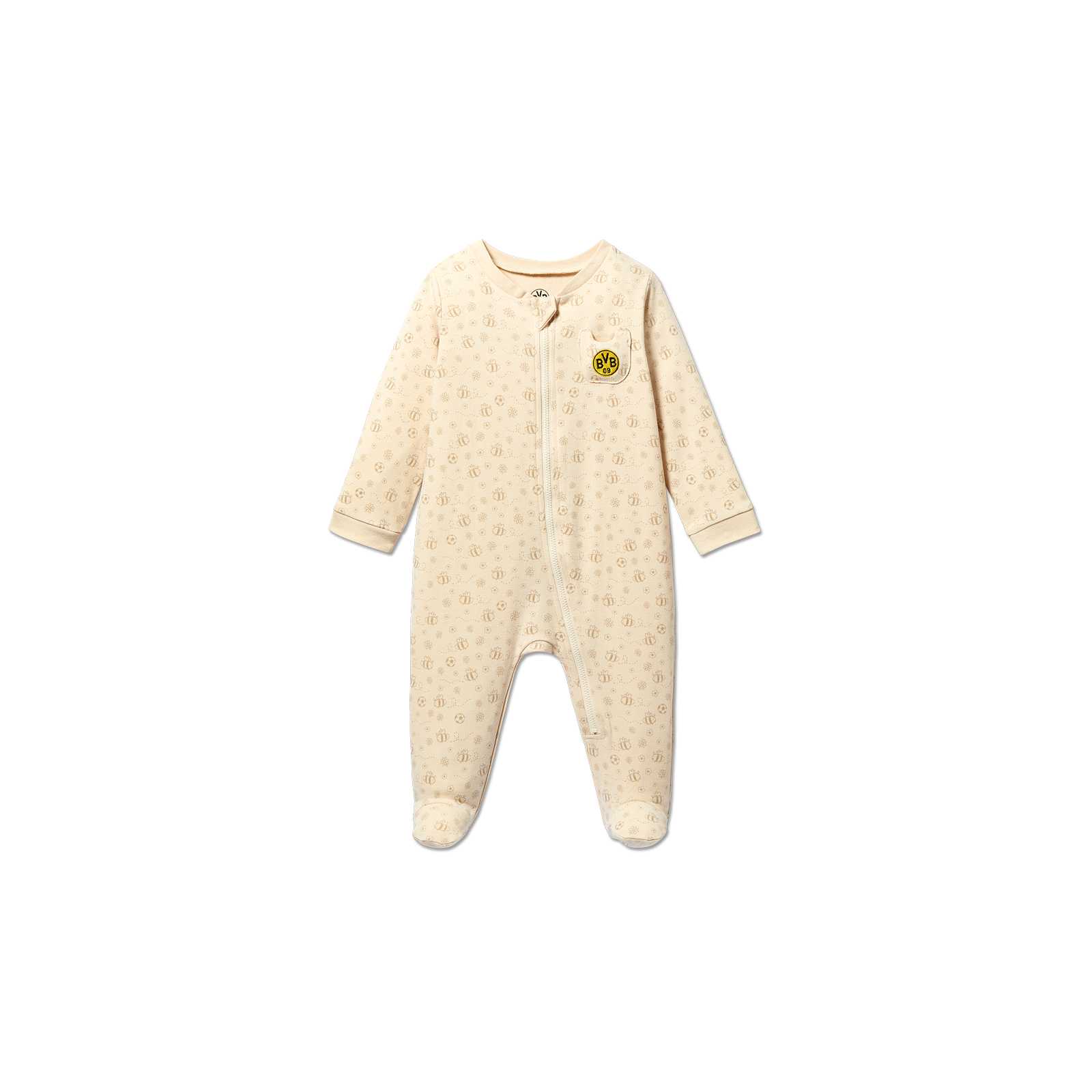 Vorderansicht des cremfarbenen BVB Schlafanzug Baby mit feinem Muster und BVB-Emblem auf der Brust, durchgängiger Reißverschluss sichtbar.