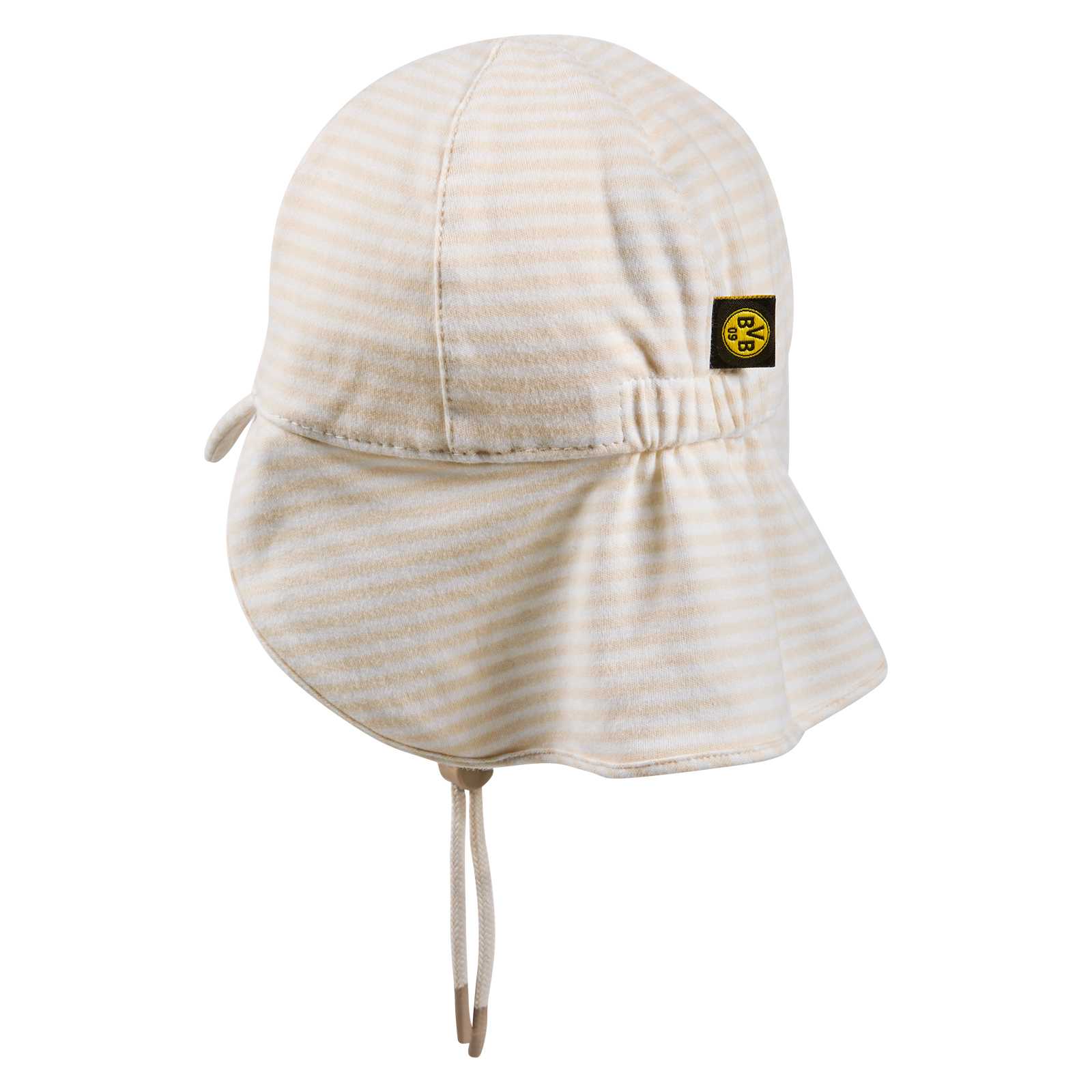 Seitenansicht der BVB Mütze gestreift Baby in cremeweiß mit feinen Streifen und BVB-Emblem auf der Seite, Bindebändchen sichtbar.