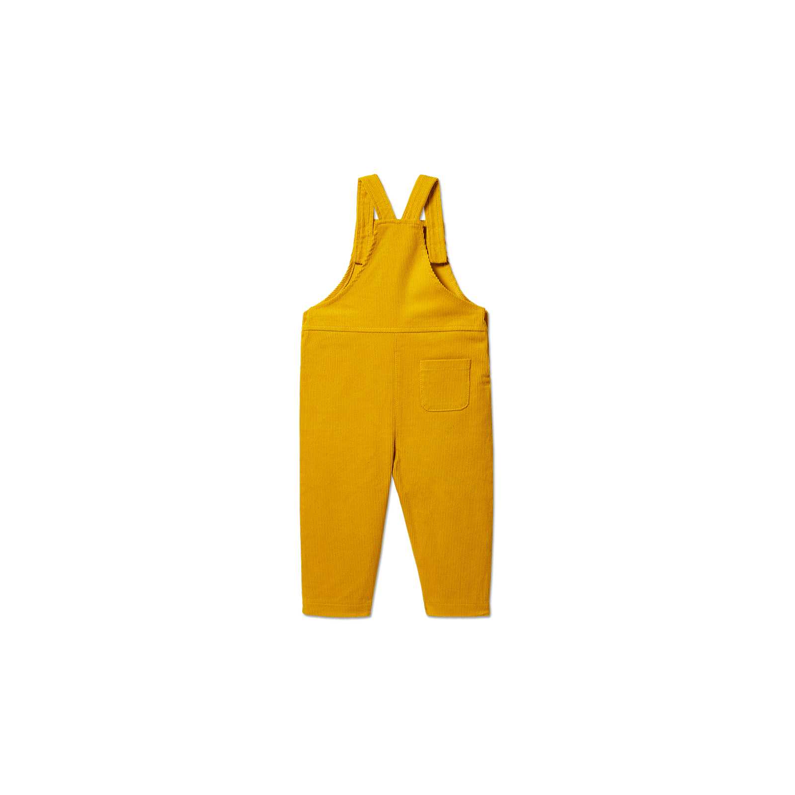 Vorderansicht der gelben BVB Cordhose Baby mit Latz und Brusttasche; das Design ist schlicht, ein BVB-Emblem ist auf diesem Bild nicht sichtbar.