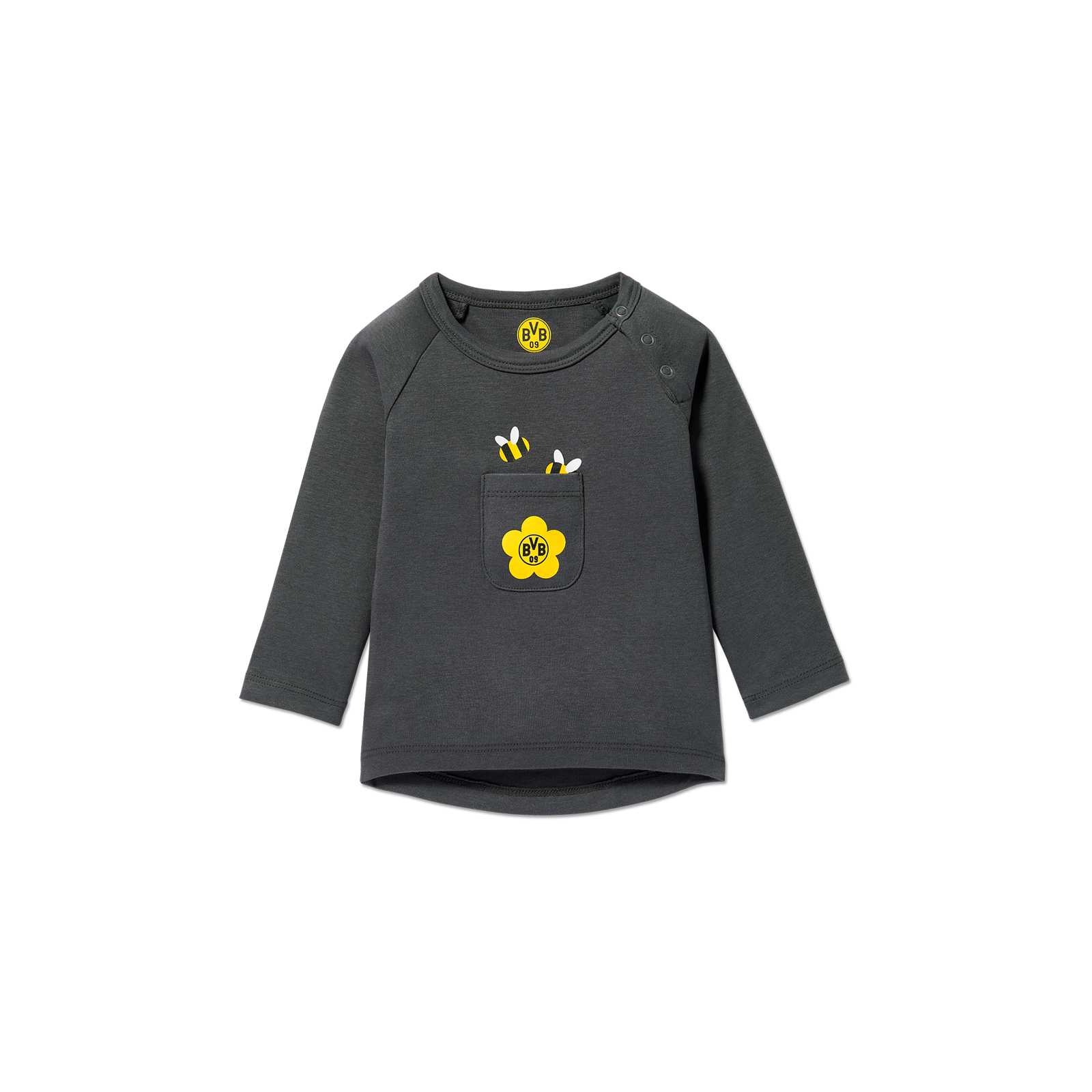 Vorderansicht des BVB Longsleeve Biene Baby in Dunkelgrau mit Brusttasche, gelber Blume, BVB-Emblem und kleinen Bienenmotiven darüber.