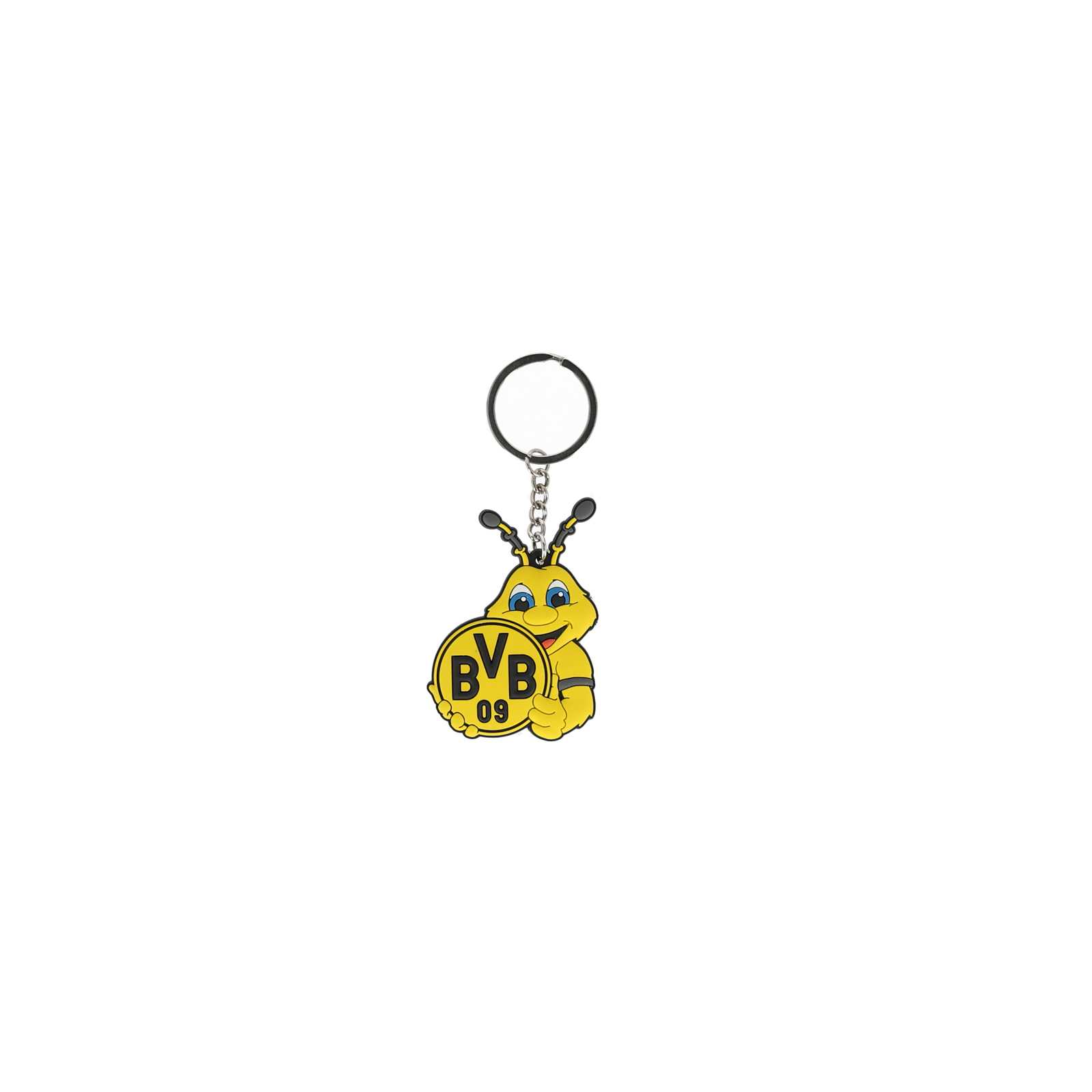 Frontalansicht des BVB Emma Schlüsselanhängers mit gelber EMMA-Figur, die das runde BVB-Emblem in schwarzgelb hält.