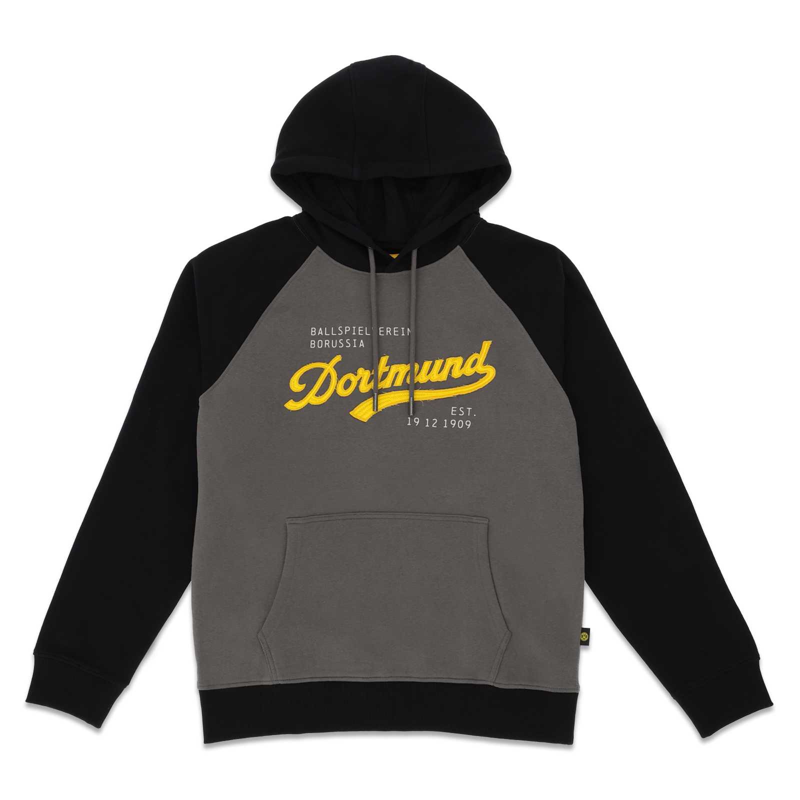 Vorderansicht des BVB Explorer Hoodie in schwarzgelb mit Kapuze, Grautönen und gelbem "Dortmund"-Schriftzug auf der Brust.