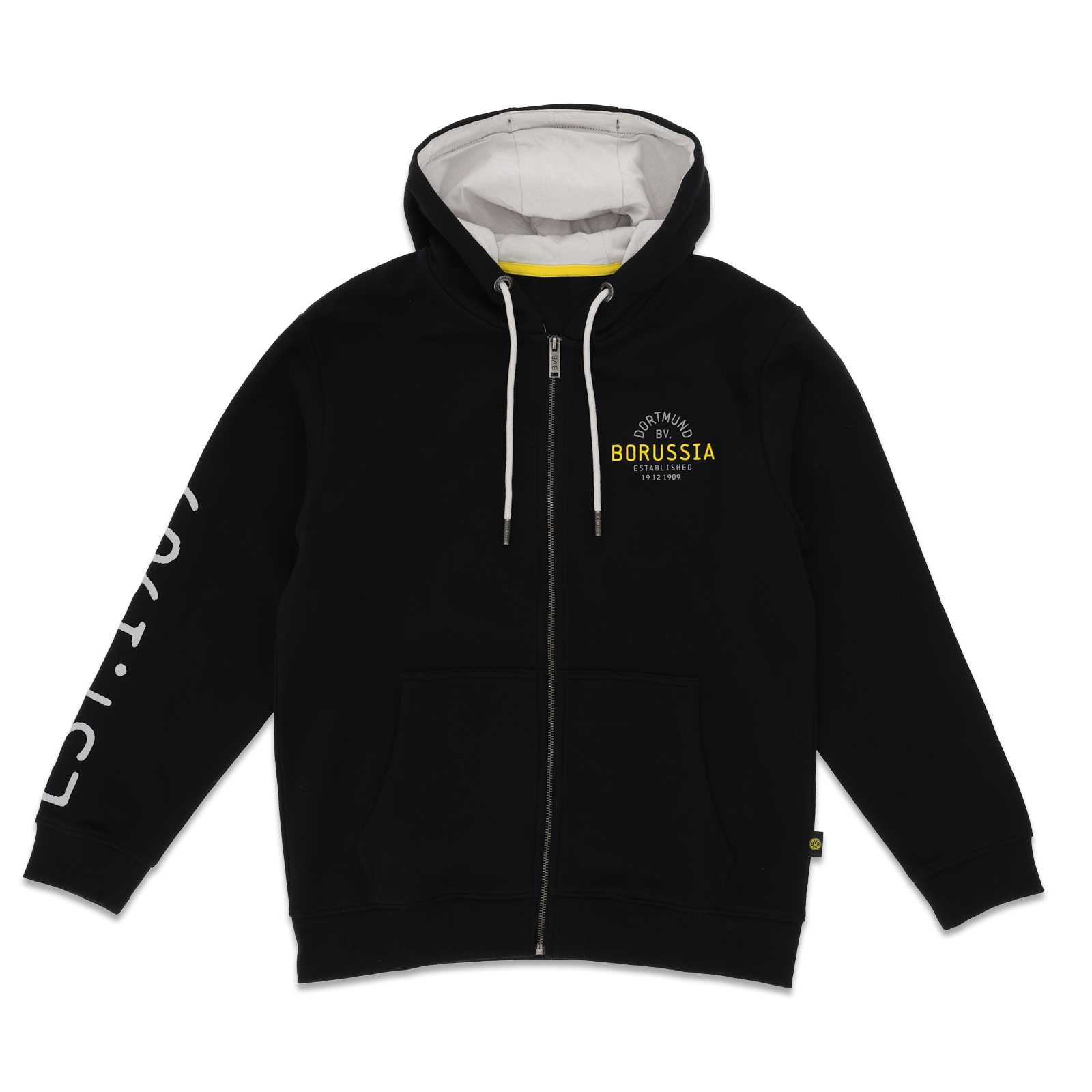 Vorderansicht der schwarzgelben BVB Explorer Sweatjacke mit Kapuze, gelbem Borussia Dortmund-Schriftzug auf der Brust und großem Print am Ärmel.