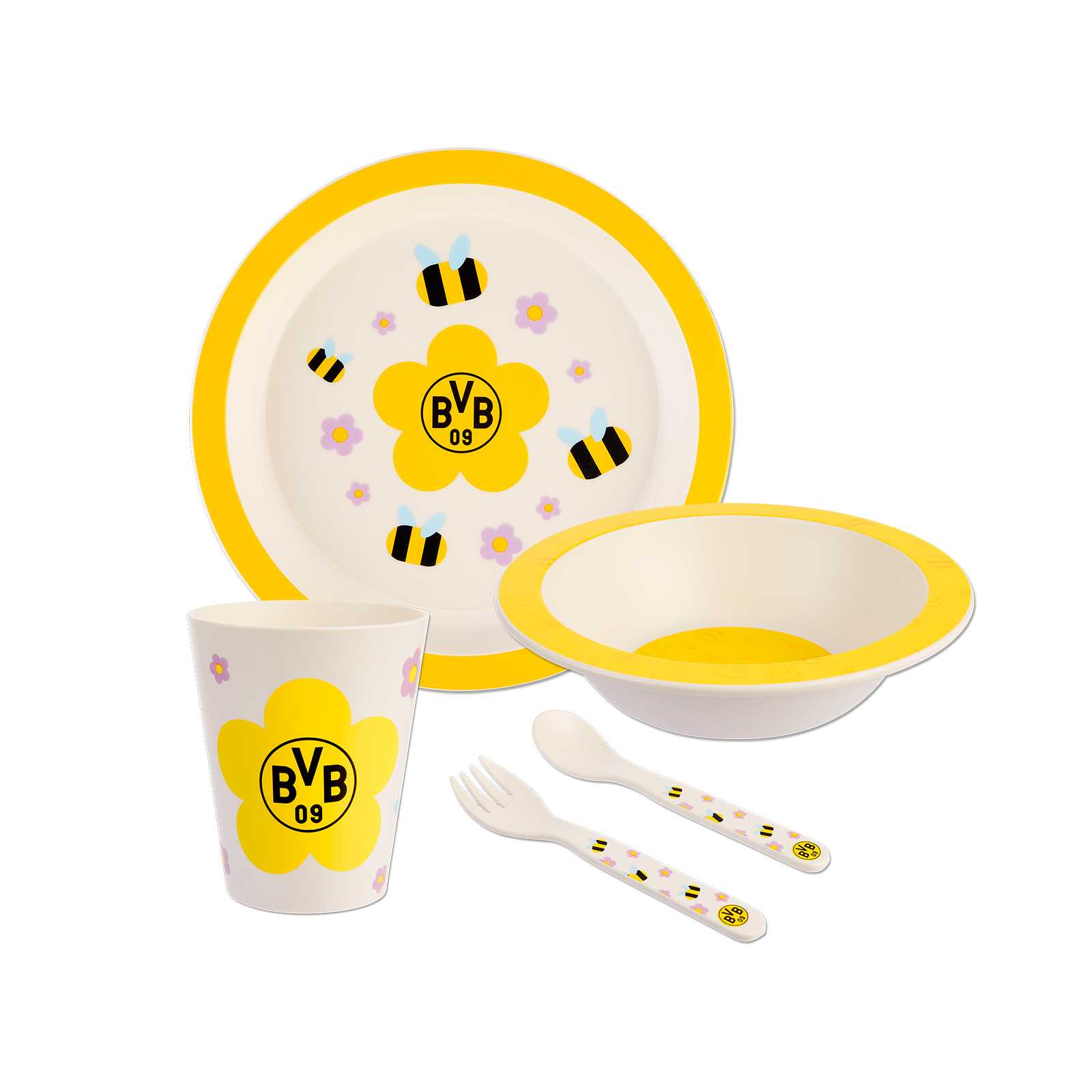Komplettansicht des weiß-gelben Kindergeschirrs mit Teller mit Blume und Bienen, Schale, Becher und Gabel und Löffel