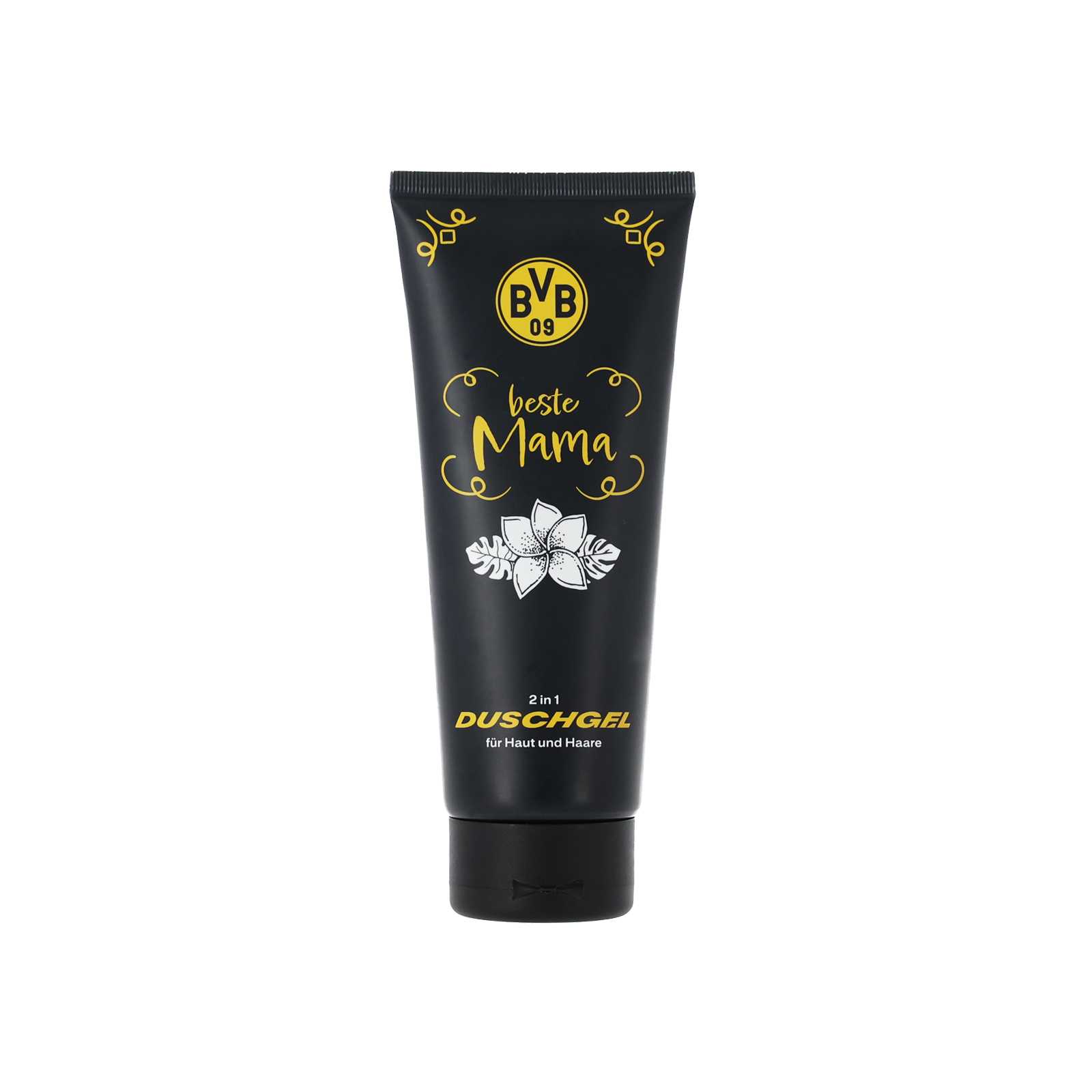Vorderansicht des schwarzgelben BVB-Duschgels "Beste Mama" mit BVB-Emblem und Blumenmotiv, Tube mit gelber Beschriftung.