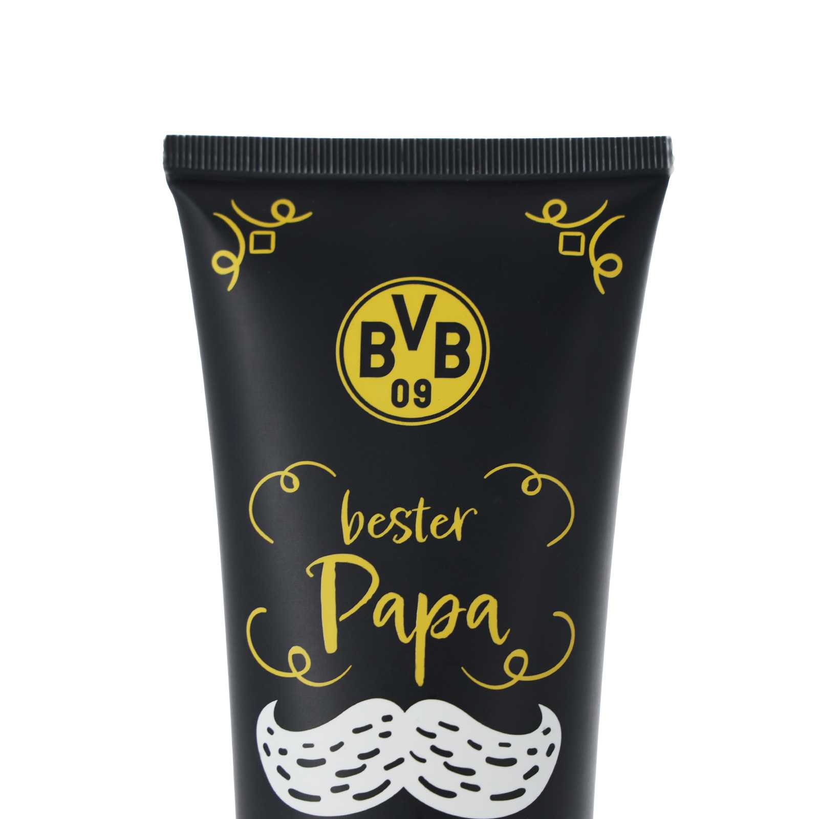 Vorderansicht des schwarzgelben Duschgels "Bester Papa" mit BVB-Emblem und Schnurrbart-Motiv auf der Tube.