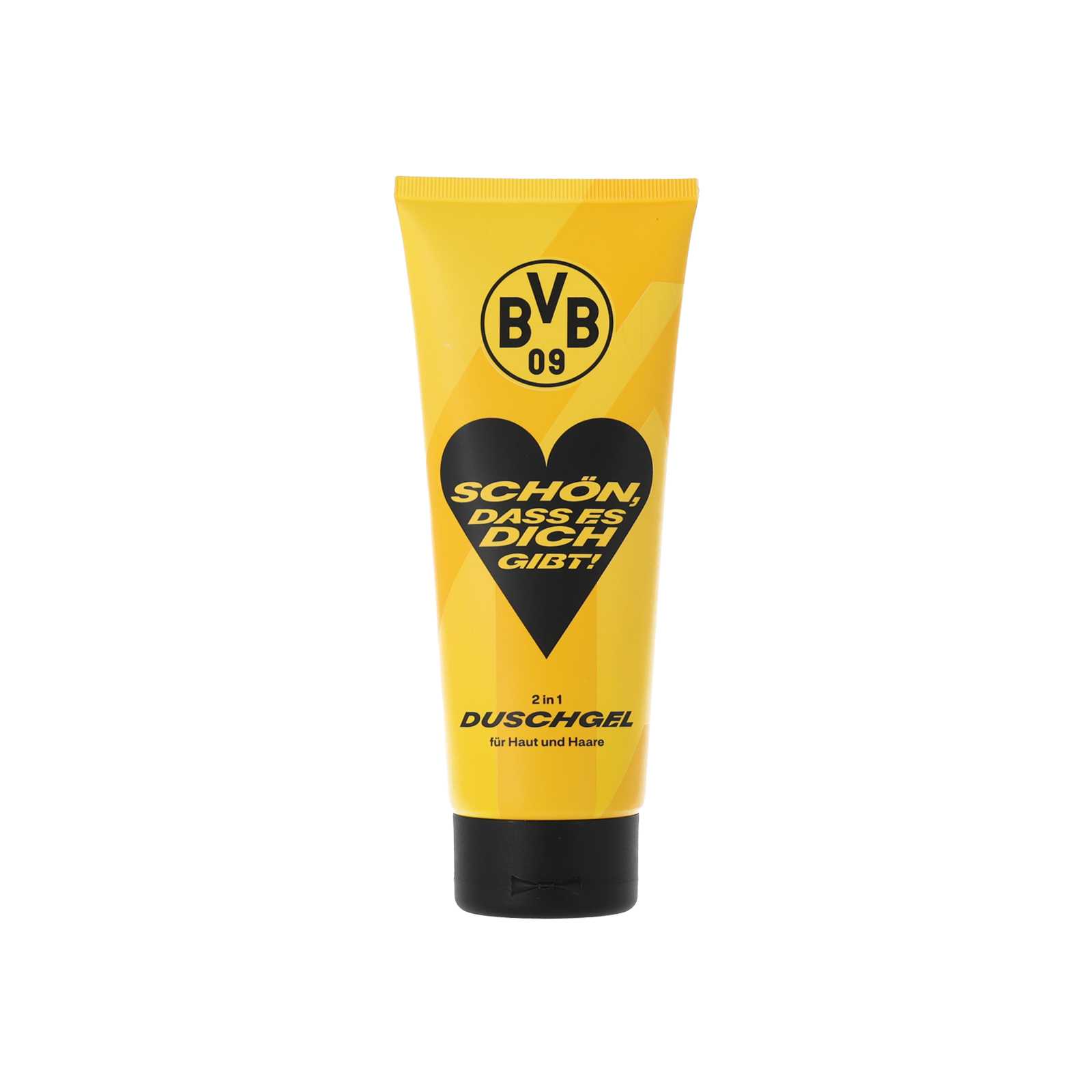 Vorderansicht des gelben BVB-Duschgels "Schön, dass es dich gibt" mit schwarzem Herz, BVB-Emblem und schwarzem Deckel.