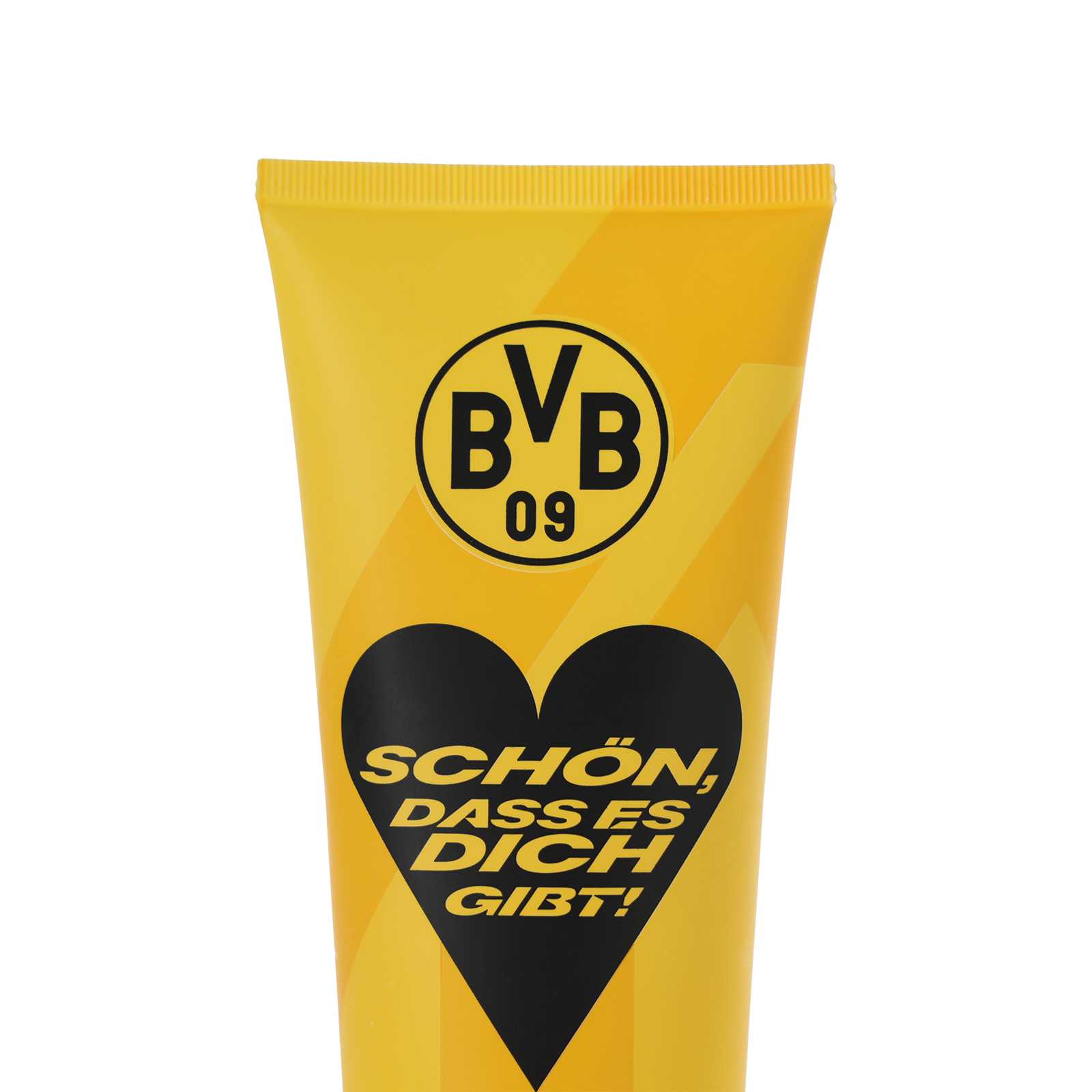 Vorderansicht der gelben Tube „Duschgel Schön, dass es dich gibt“ mit schwarzem Herz, BVB-Emblem und schwarzgelbem Design.
