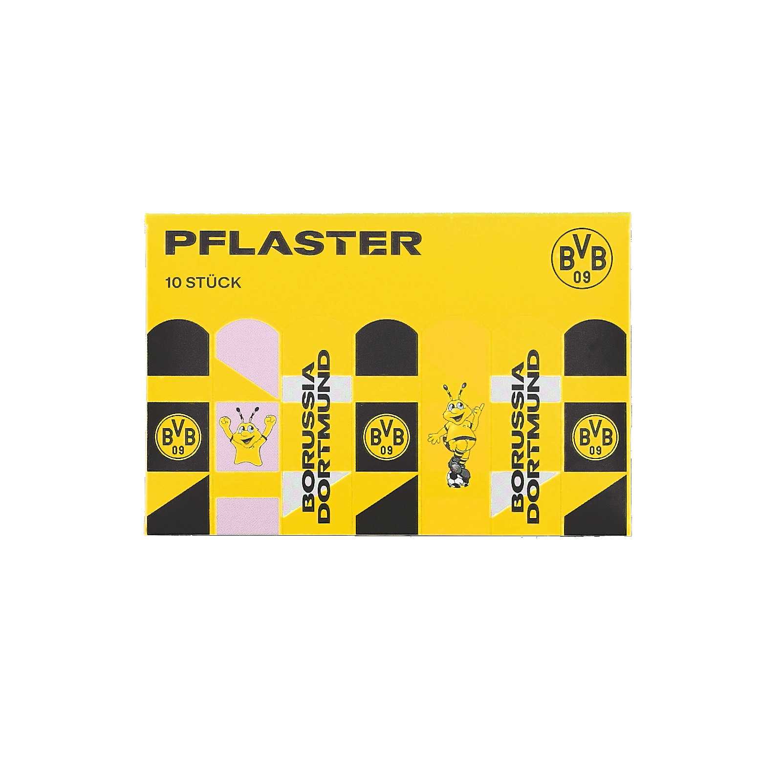 Frontansicht der schwarzgelben BVB Pflaster 10er Set Verpackung mit verschiedenen Pflasterdesigns, BVB-Emblem, EMMA und Borussia Dortmund Schriftzug.