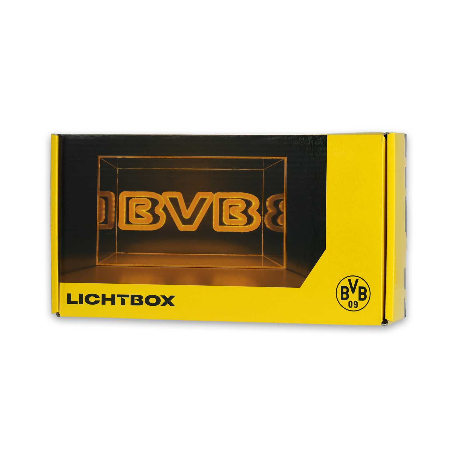 Frontansicht der BVB Lichtbox Schriftzug in schwarzgelber Verpackung mit leuchtenden BVB-Buchstaben und sichtbarem BVB-Emblem auf der Box.