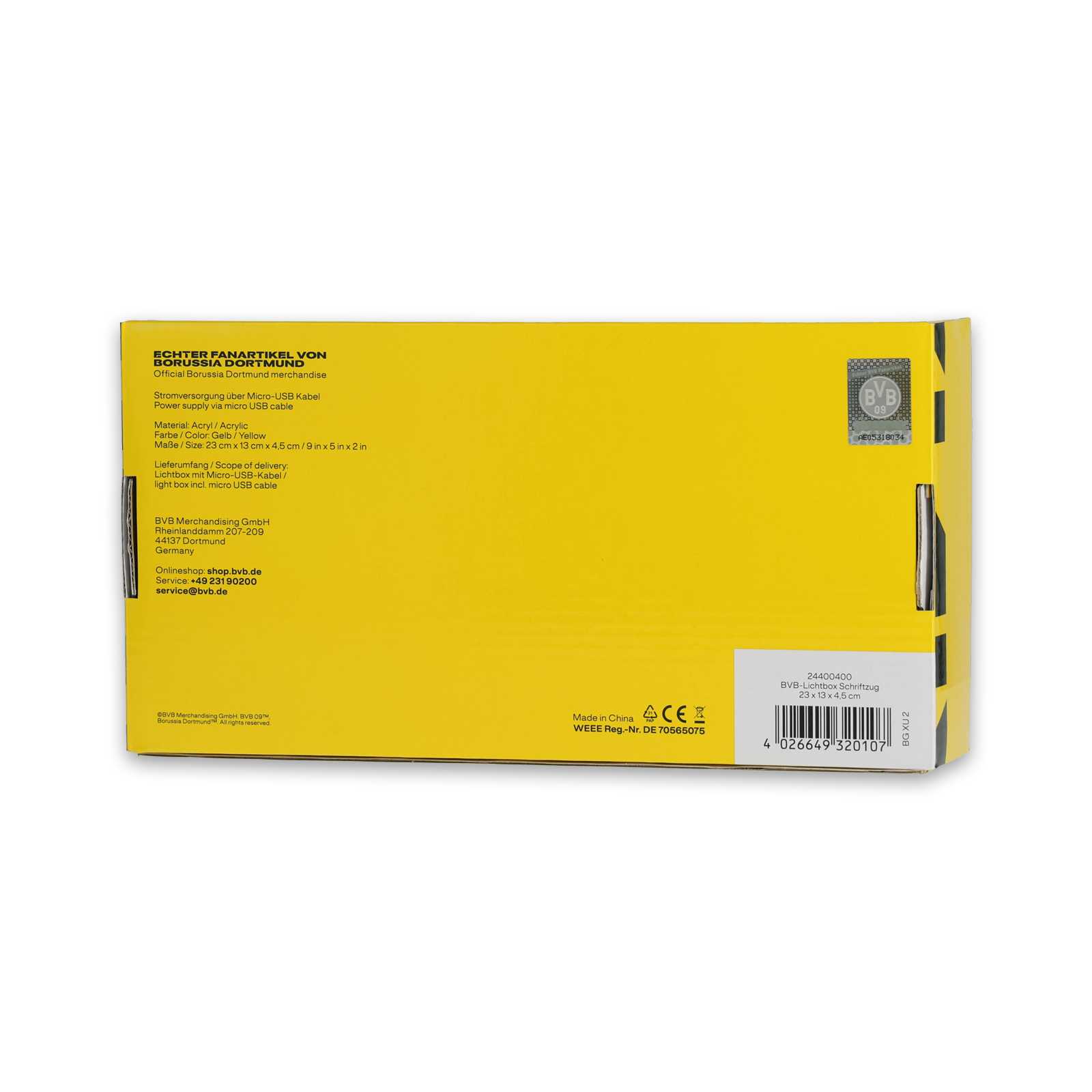 Rückansicht der gelben Verpackung der BVB Lichtbox Schriftzug mit schwarzgelben Details und sichtbarem BVB-Emblem oben rechts.