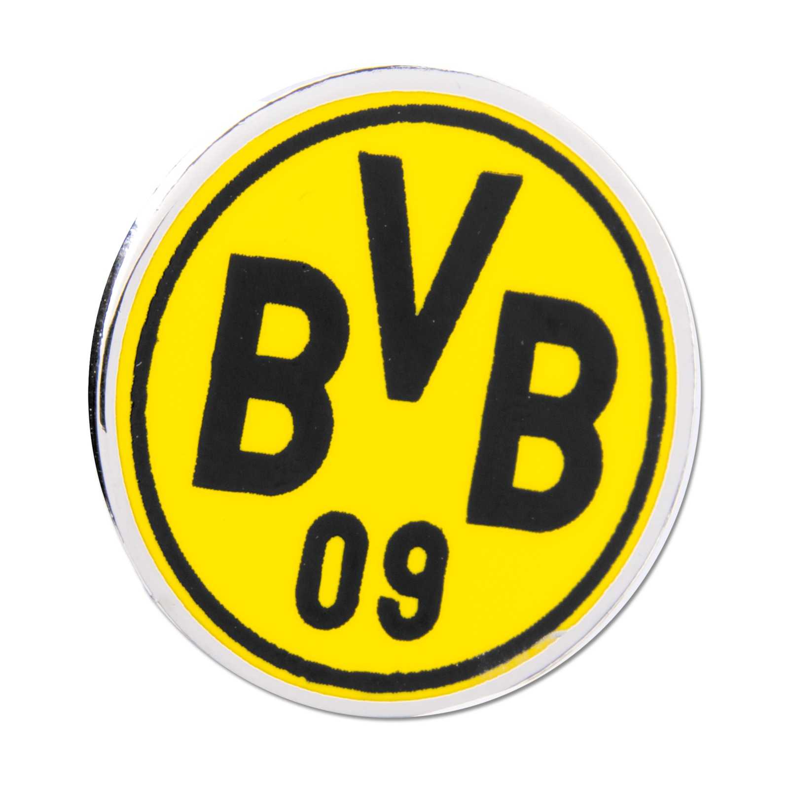 Vorderansicht des BVB Pin Emblem gelb im klassischen rundem Design mit schwarzgelbem BVB-Emblem und der Zahl 09 auf gelbem Hintergrund.
