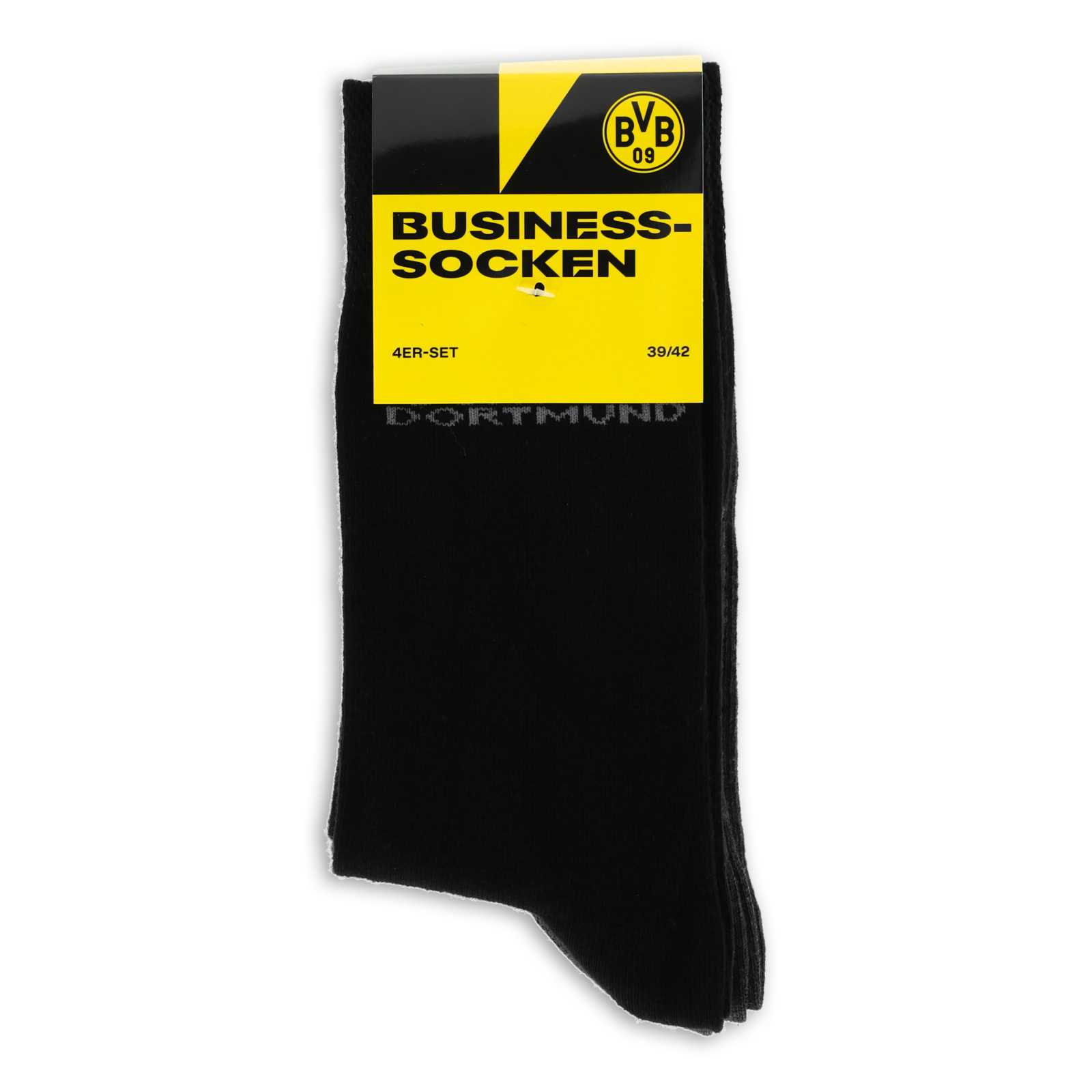 Frontalansicht des BVB Socken "Borussia Dortmund" 4er-Set in schwarz mit gelb-schwarzer Verpackung und BVB-Emblem auf dem Etikett.