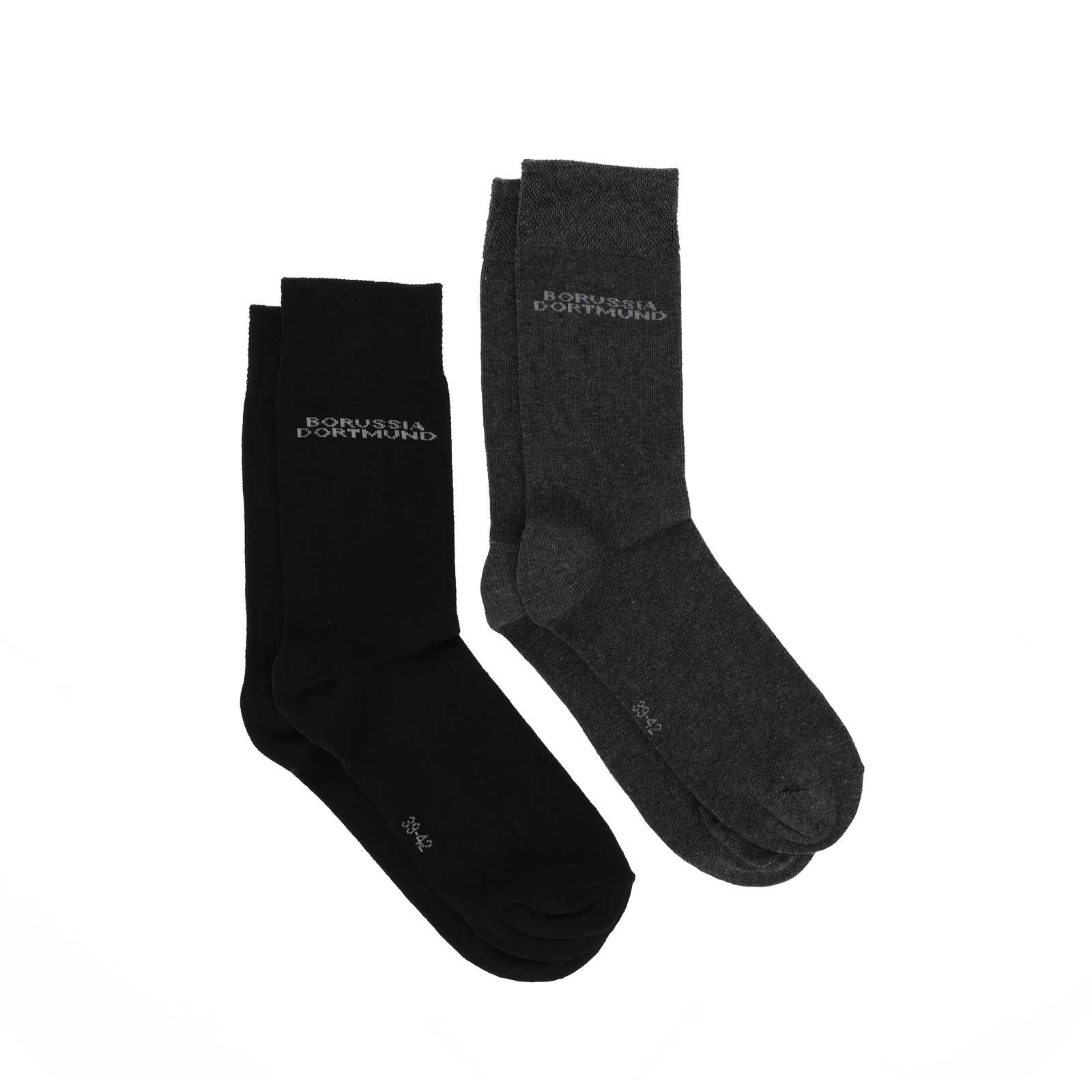 Vorderansicht des BVB Socken "Borussia Dortmund" 4er-Set in schwarz und dunkelgrau, jeweils mit "Borussia Dortmund"-Schriftzug am Bund.