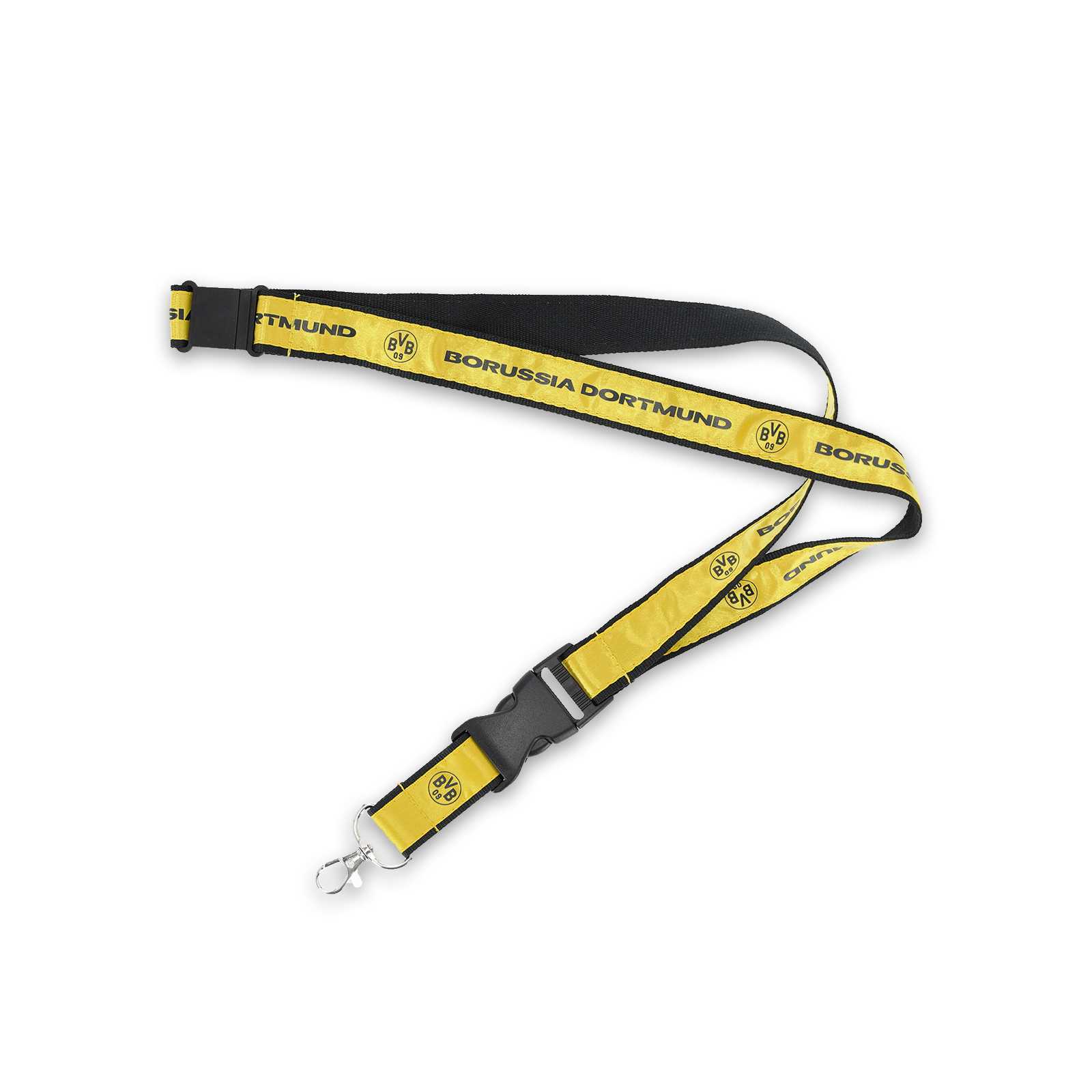 Frontalansicht des schwarzgelben BVB Schlüsselbands Schriftzug mit BVB-Emblem und dem Schriftzug "Borussia Dortmund" auf gelbem Hintergrund.