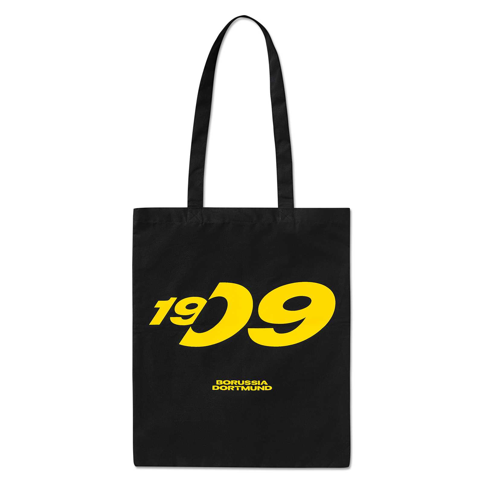 Frontalansicht der schwarzgelben BVB Baumwoll-Tragetasche mit gelber Aufschrift "1909" und "Borussia Dortmund" auf der Vorderseite.