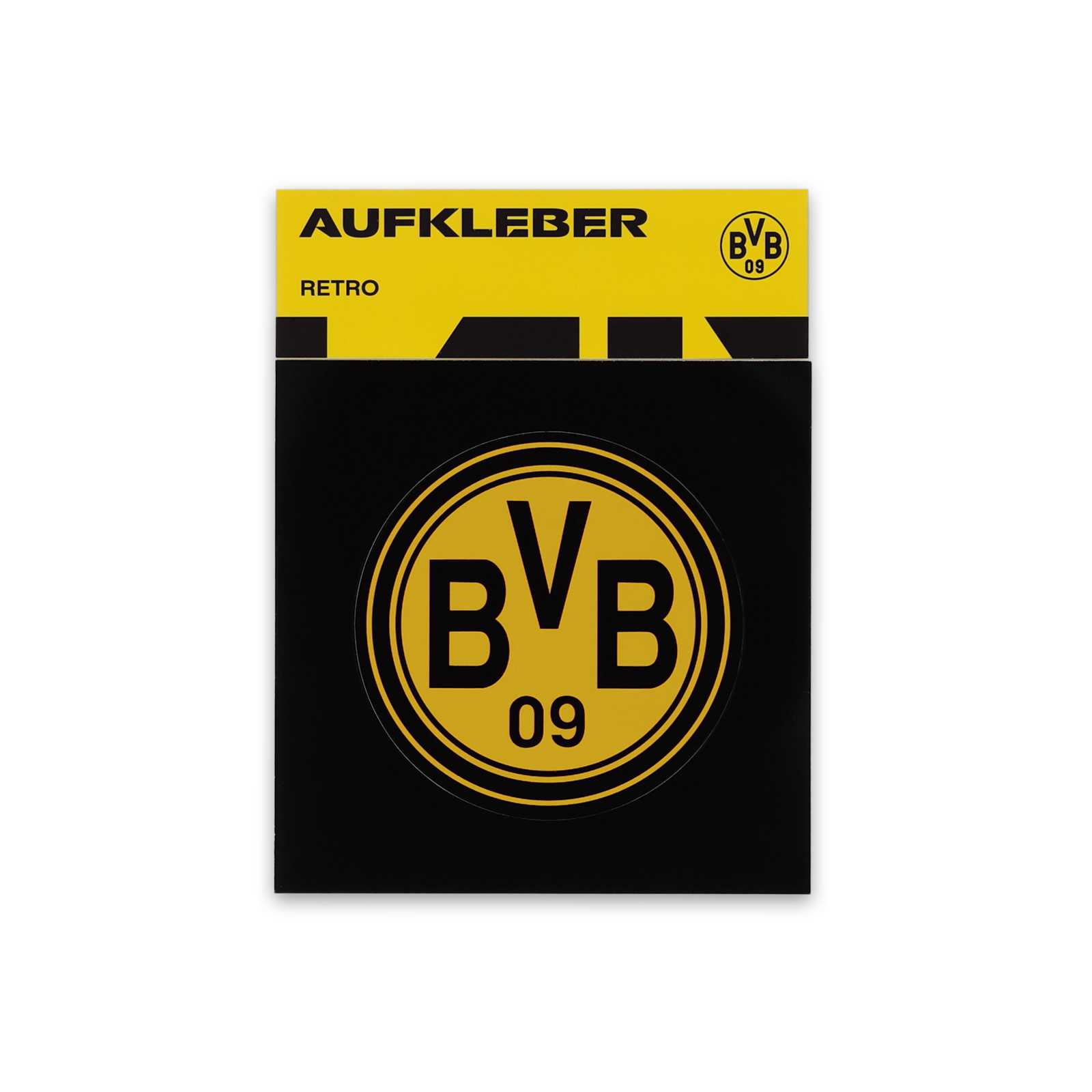 Vorderansicht des BVB Retro Sticker mit klassischem schwarzgelbem BVB-Emblem im Kreisdesign auf schwarzem Hintergrund.