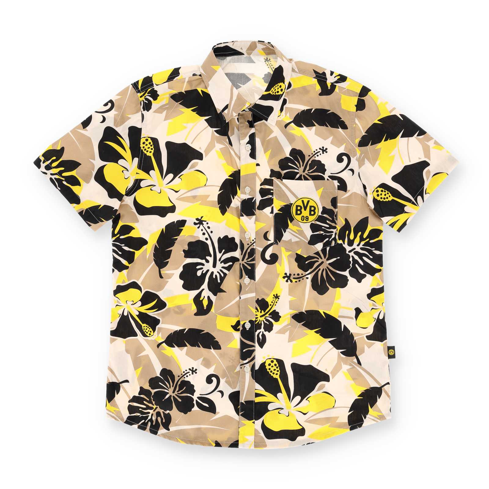 Vorderansicht des BVB Hemd Maui mit kurzärmeligem, sommerlichem Schnitt und schwarzgelbem Blumenmuster sowie BVB-Emblem auf der Brusttasche.