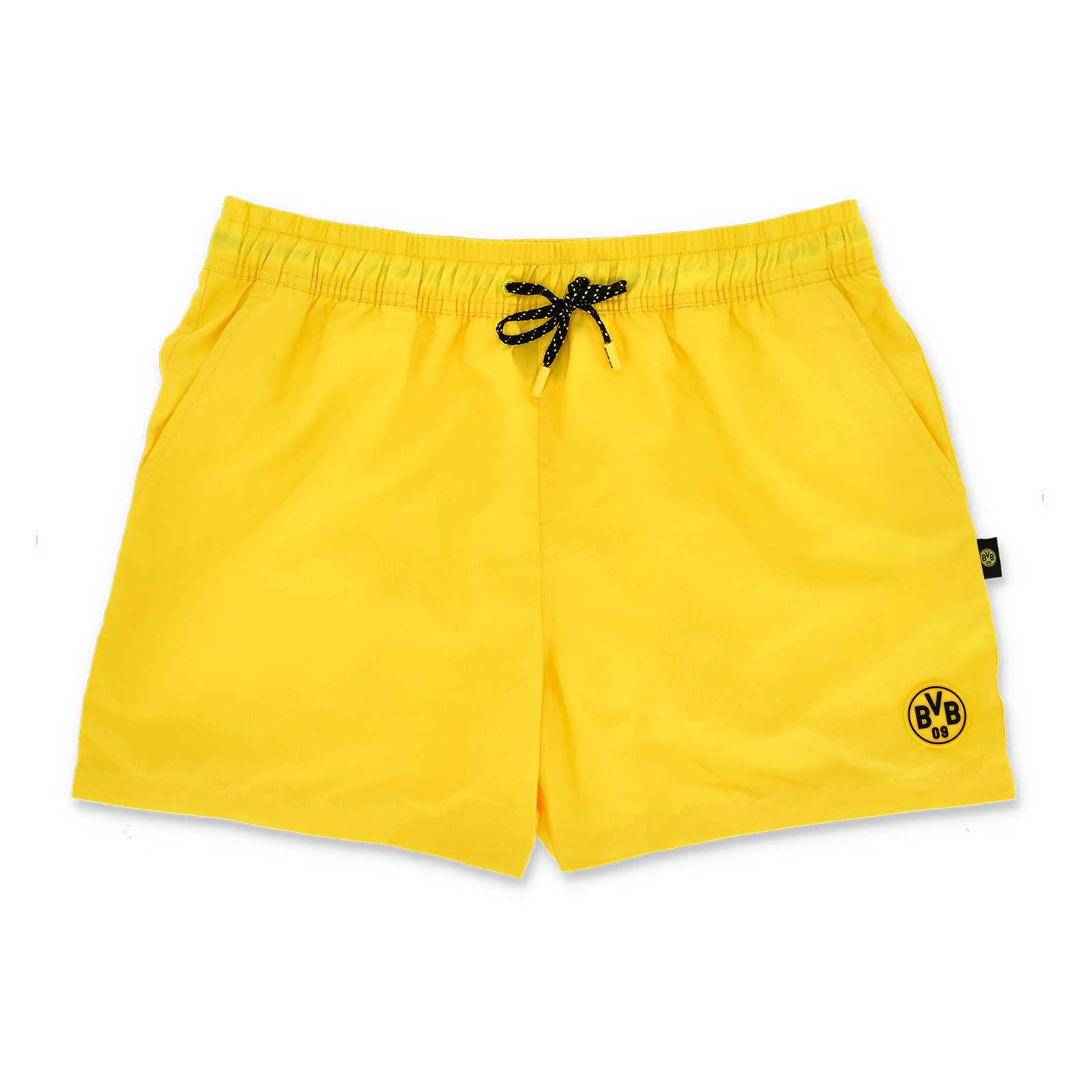 Vorderansicht der Reactive Badehose Herren in leuchtendem Gelb mit schwarzem Kordelzug und BVB-Emblem am linken Bein.