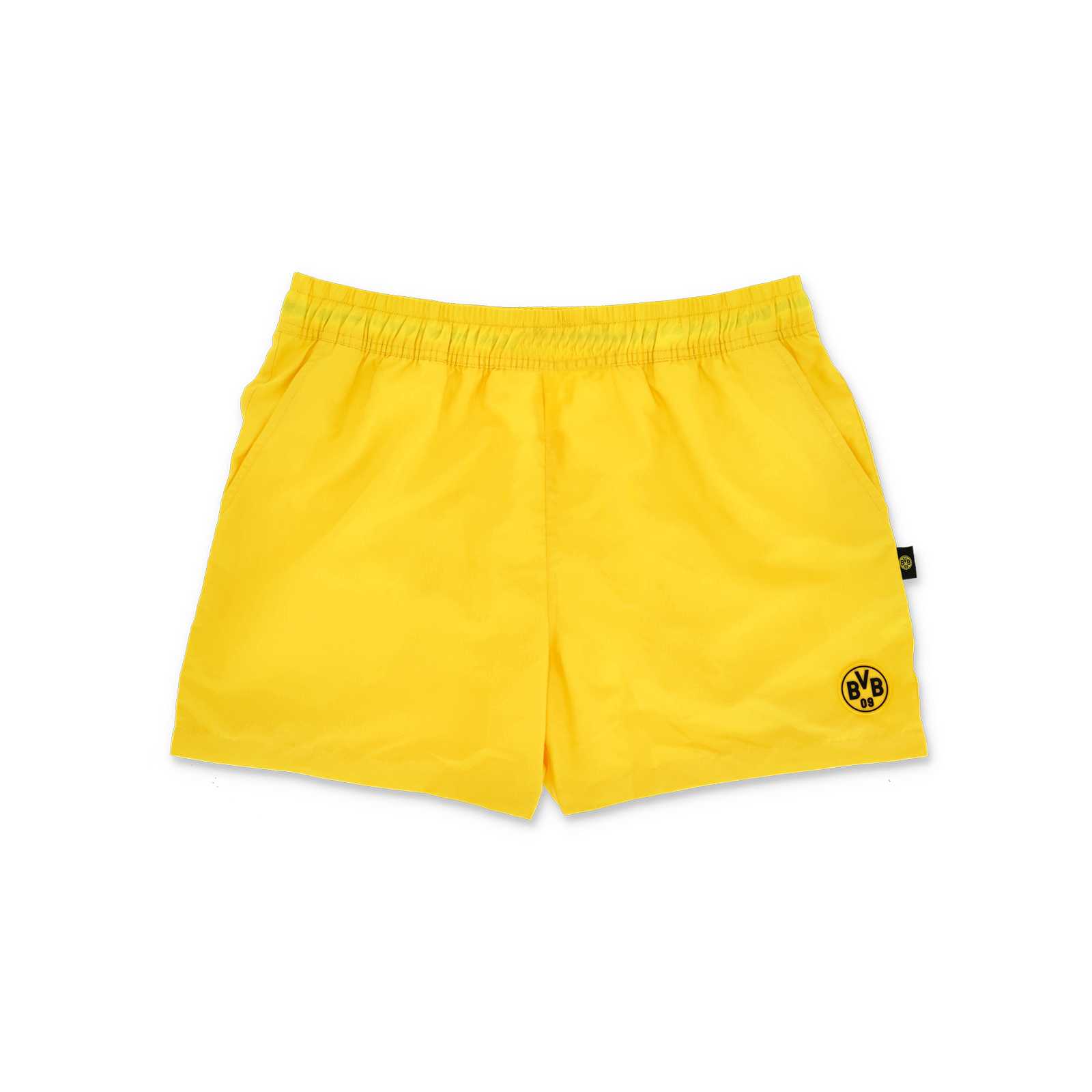 Vorderansicht der gelben Reactive Badehose Kinder mit elastischem Bund und BVB-Emblem am linken Bein.