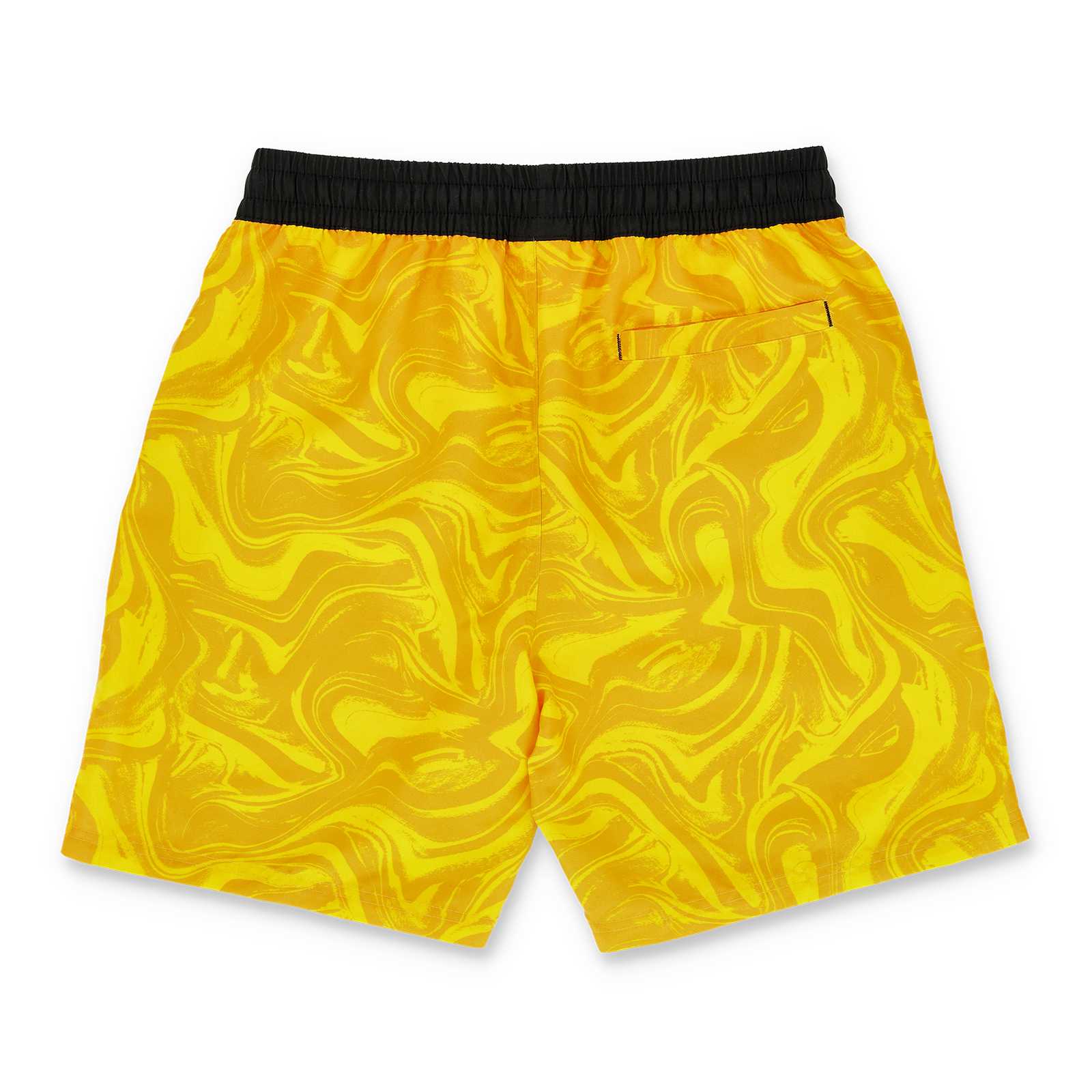 Rückansicht der gelben BVB Festival Shorts mit schwarzgelbem Muster und schwarzem Bund, eine Gesäßtasche sichtbar.