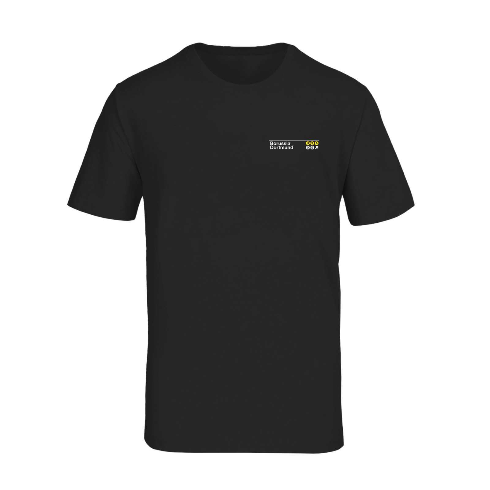 Vorderansicht des schwarzen BVB USA Tee mit kleinem weißen "Borussia Dortmund"-Schriftzug und BVB-Emblem auf der linken Brust.