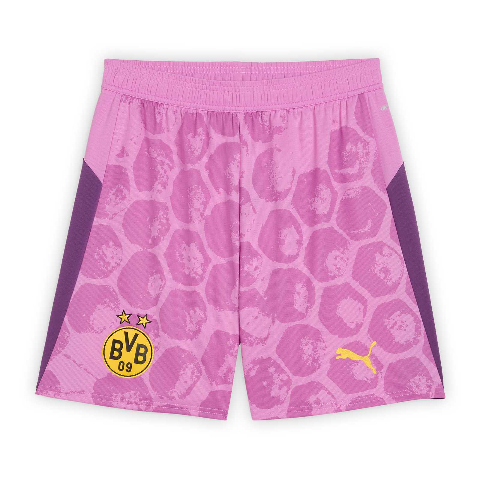 Vorderansicht der BVB KidSuper Torwarthose Erw. in Pink mit lila Akzenten, wabenartigem Muster, BVB-Emblem und gelbem Puma-Logo.