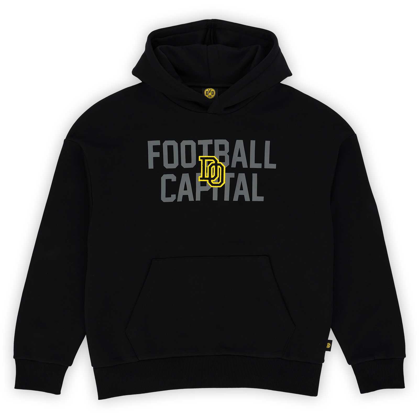 Frontansicht des schwarzgelben BVB College Hoodie mit grauem "FOOTBALL CAPITAL"-Schriftzug, gelbem Logo und sichtbarem BVB-Emblem an der Kapuze.