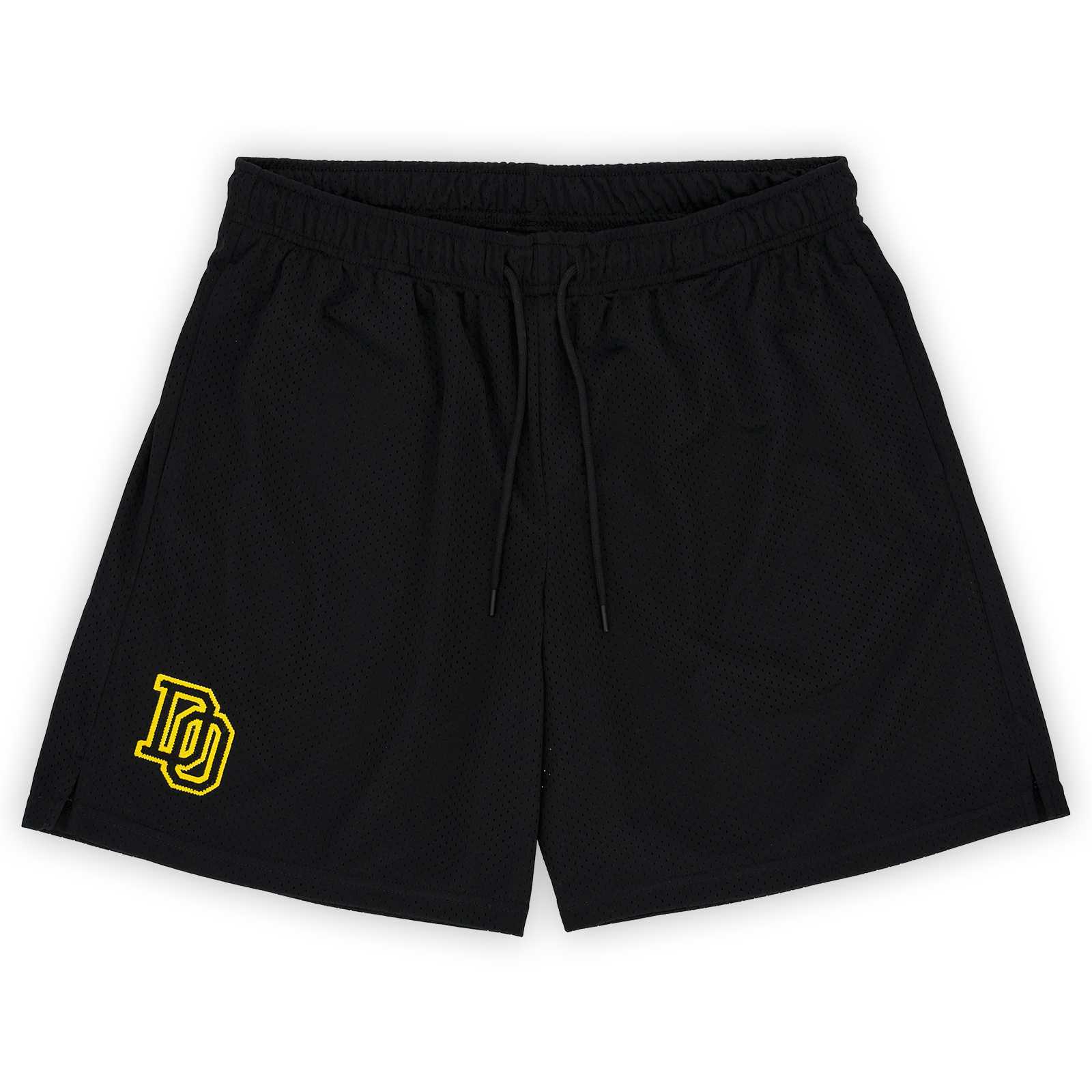 Vorderansicht der schwarzgelben BVB College Sweatshorts mit gelbem College-Schriftzug-Logo auf dem linken Bein und elastischem Bund.