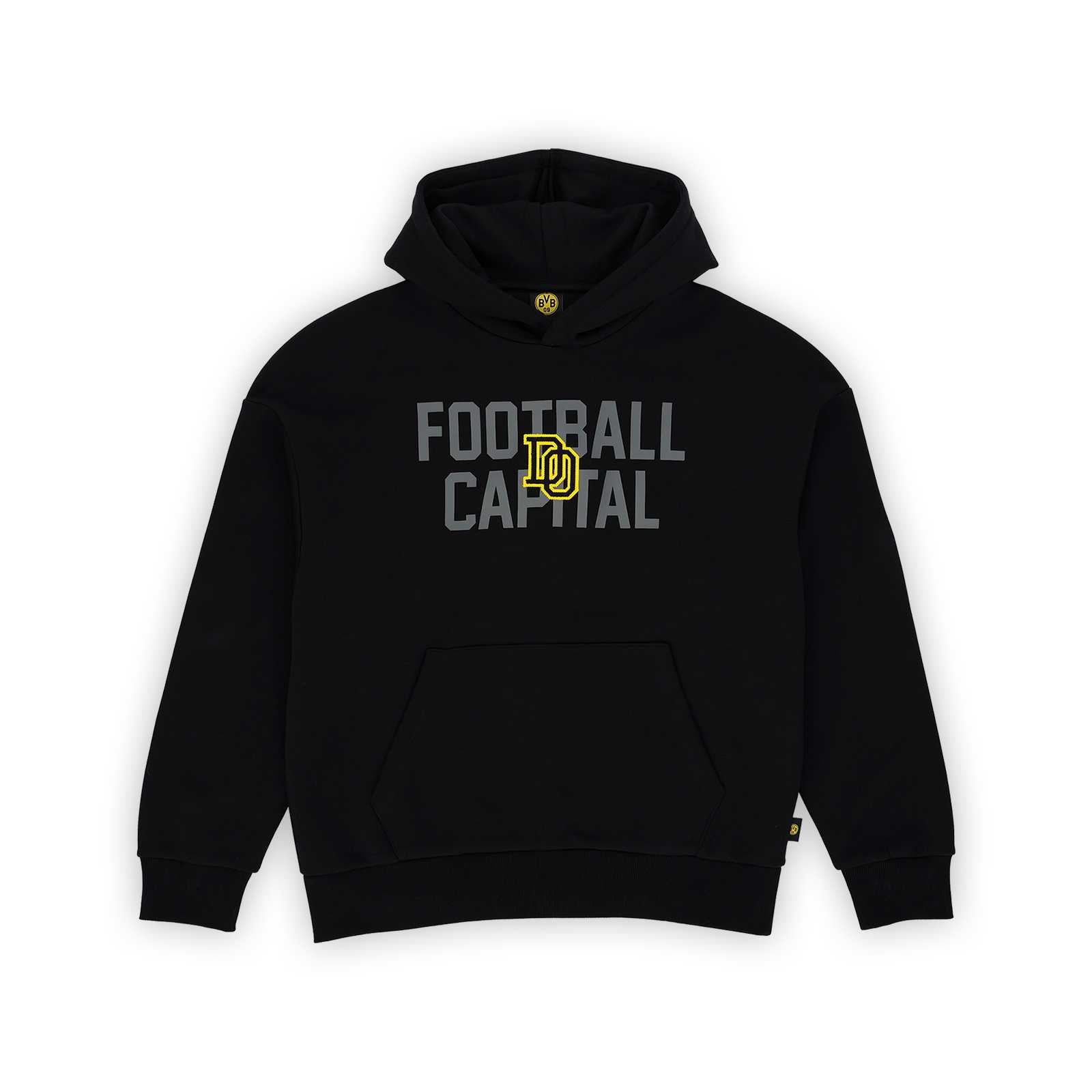 Vorderansicht des schwarzen BVB College Hoodie Kinder mit grauem "Football Capital"-Schriftzug, gelbem BVB-Emblem an der Kapuze.