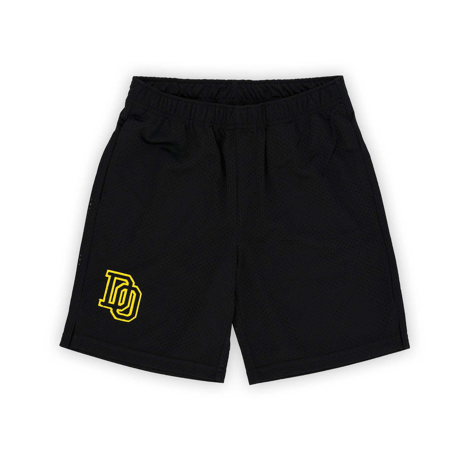 Frontansicht der BVB College Sweatshorts Kinder in Schwarz mit gelbem College-Logo auf dem linken Bein. Lockerer Schnitt und elastischer Bund.