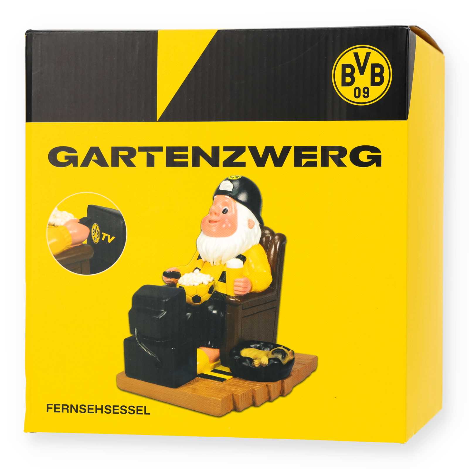 Verpackung vom BVB Gartenzwerg TV in schwarzgelb, Vorderansicht mit Figur im Fernsehsessel, Popcorn, schwarzgelbem Outfit und BVB-Emblem am Fernseher.