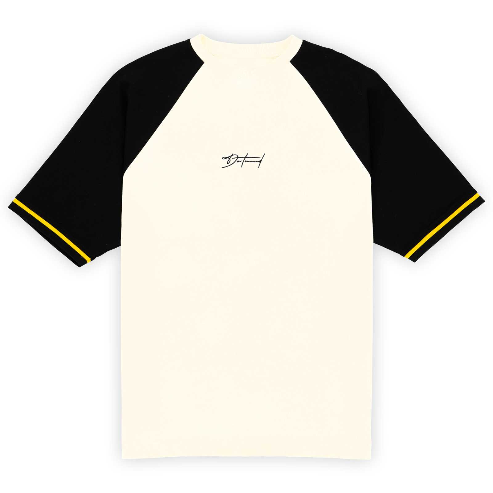 Voderansicht des weißen BVB-T-Shirts mit schwarzen Ärmeln, gelben Akzenten und schwarzer Signatur auf der Brust.