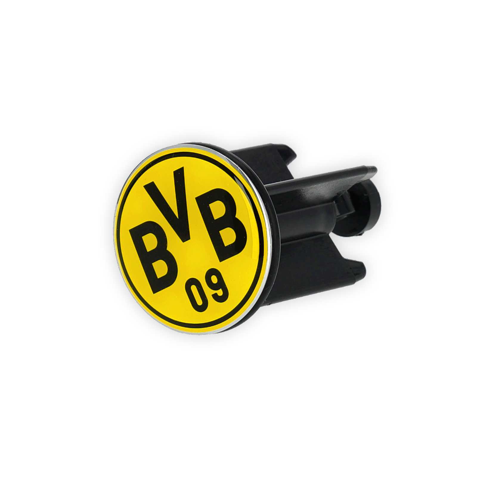 Vorderaufnahme des schwarzgelben BVB Waschbeckenstöpsels mit BVB Logo.