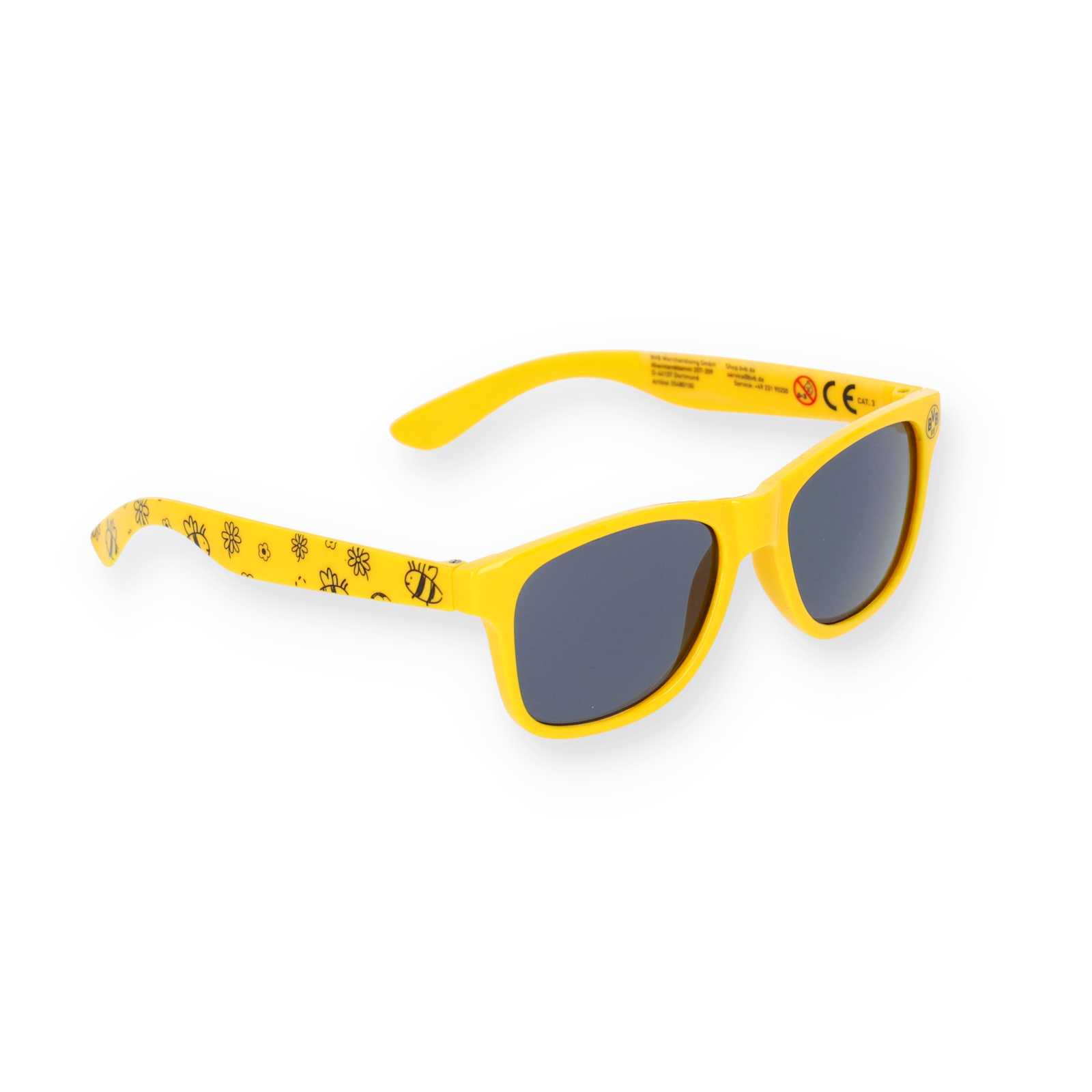Gelbe Sonnenbrille mit dunklen Gläsern und kleinen schwarzen Bienen an den Brillenbügeln.