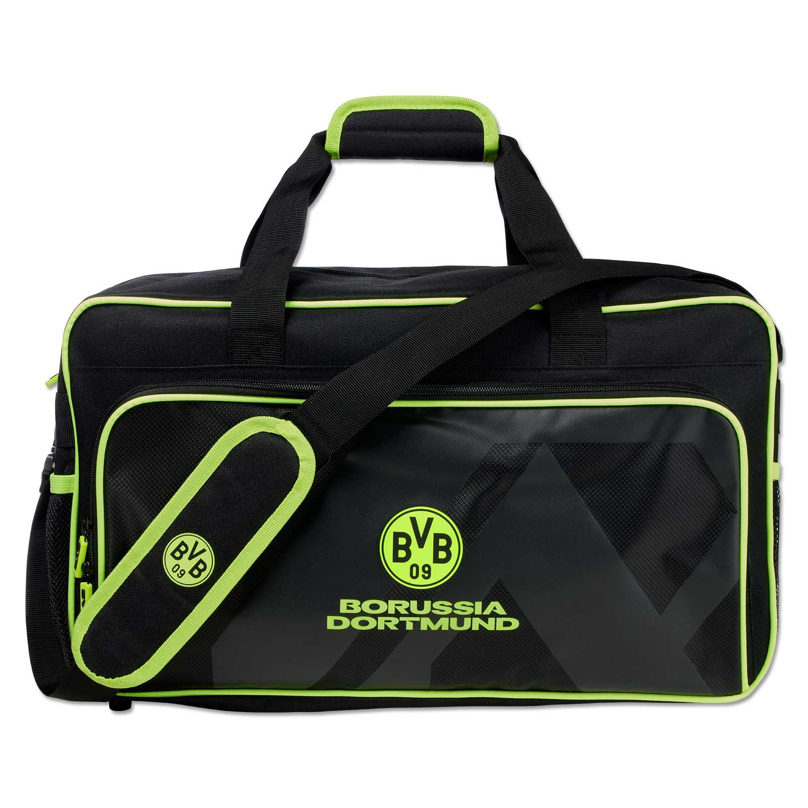 Voderansicht der BVB-Tasche mit Neon-BVB-Emblem und Borussia Dortmund Schriftzug sowie Neon abgesetzten Nähten.