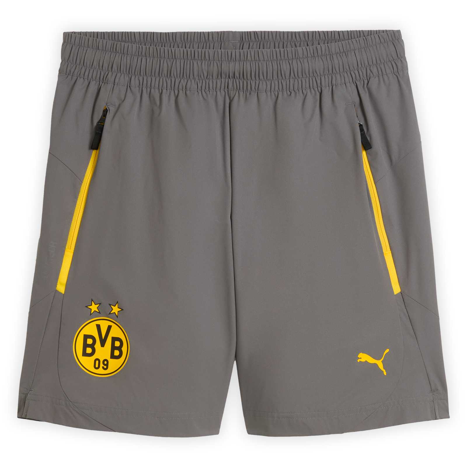 Vorderansicht der grauen BVB-Short von PUMA mit gelbem Reißverschlüssen an den Taschen und Logos.