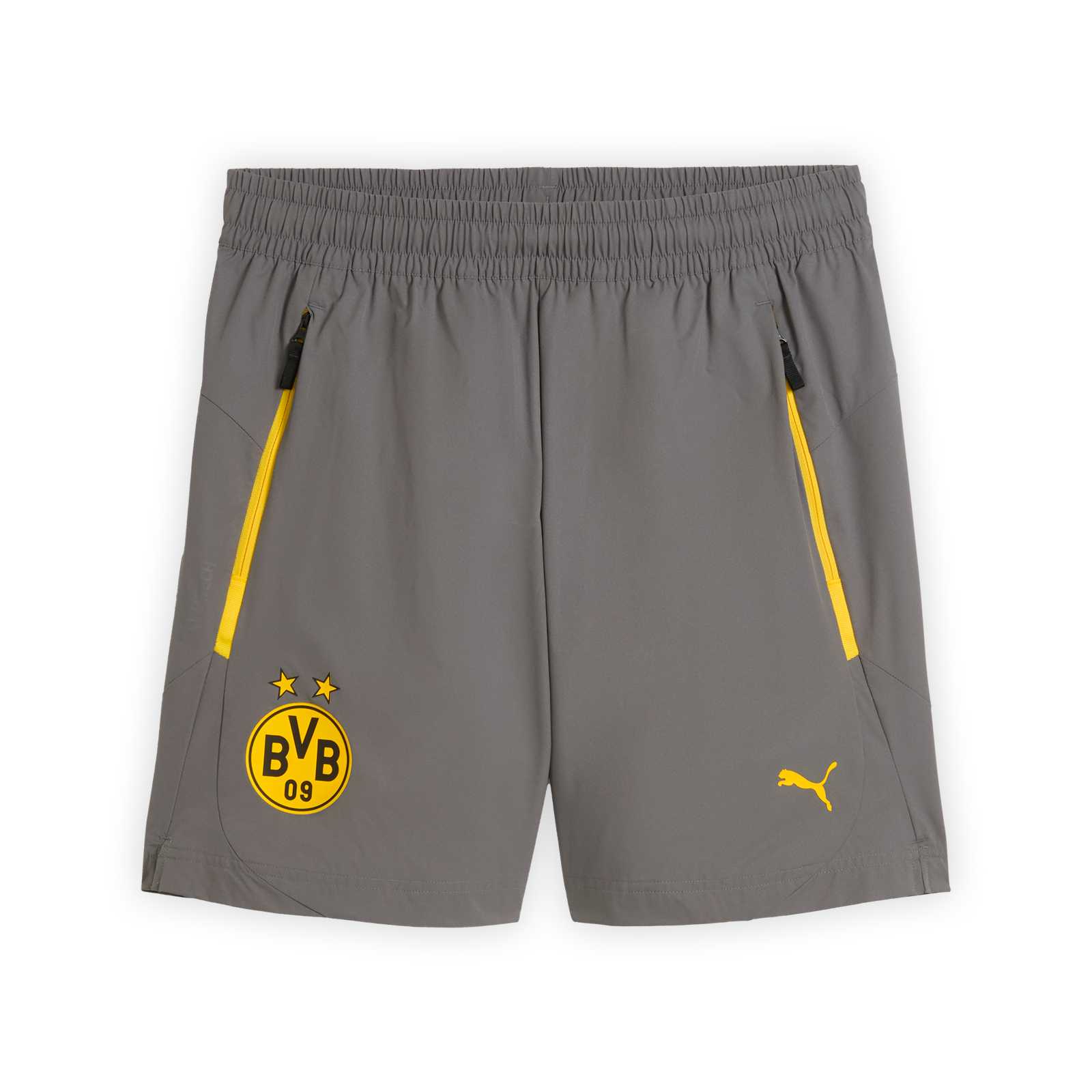 Vorderansicht der grauen BVB-Short von PUMA mit gelbem Reißverschlüssen an den Taschen und Logos.