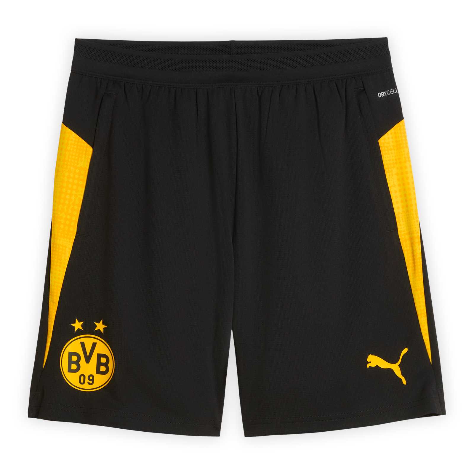 Vorderansicht der schwarzen BVB-Trainingshort von PUMA mit gelben Streifen an den Seiten und Logos von BVB und PUMA.