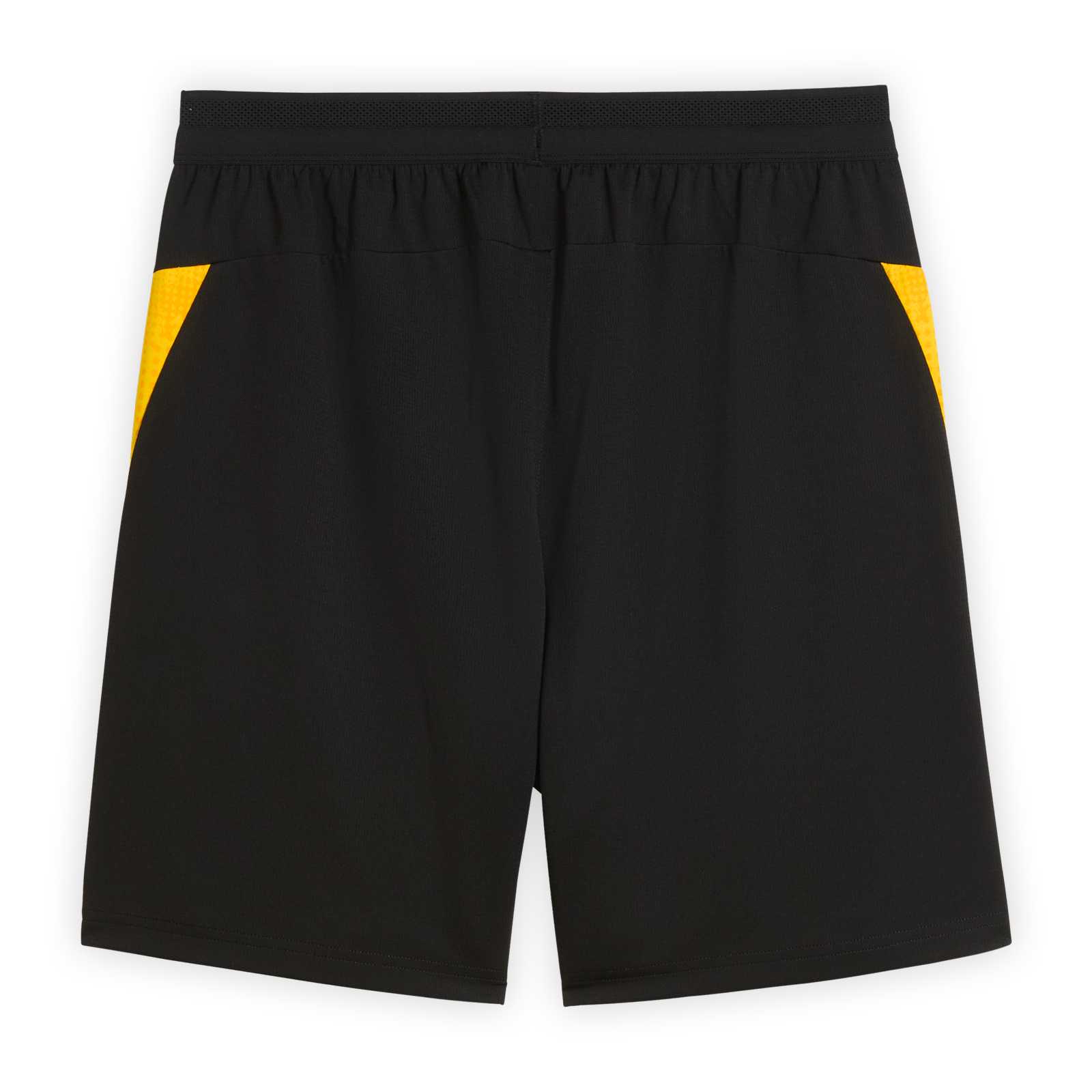 Rückansicht der schwarzen BVB-Trainingshort von PUMA mit gelben Streifen an den Seiten.