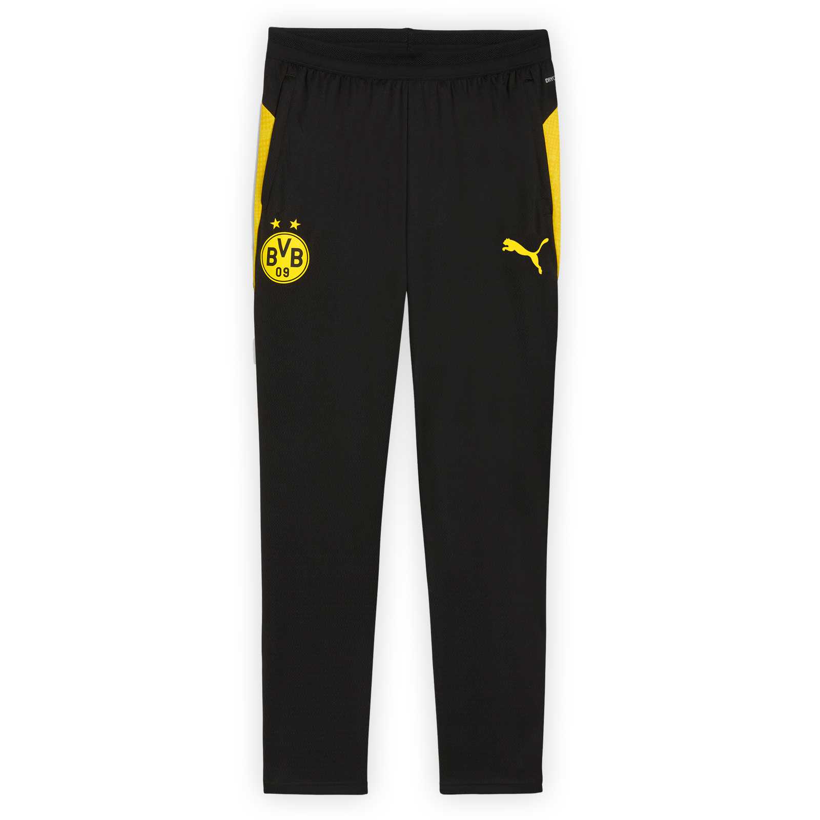 Vorderansicht der schwarzen BVB-Trainingshose von PUMA mit gelben Streifen an den Taschen und Logos von BVB und PUMA.