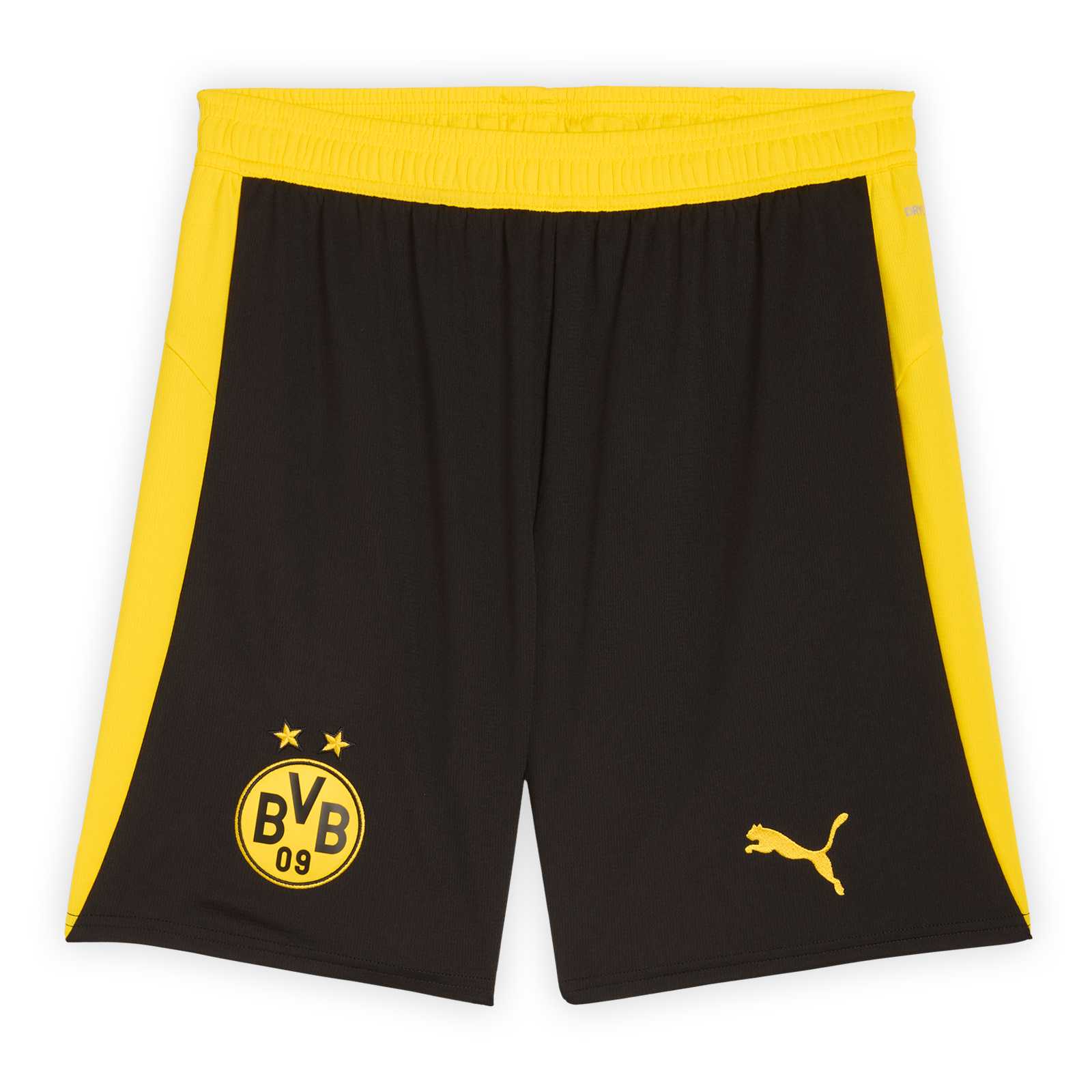 Vorderansicht der schwarzen BVB Trikothose 25/26 mit gelbem Bund, gelbem Streifen an der Seite, PUMA-Logo auf dem rechten und BVB-Logo auf dem linken Hosenbein