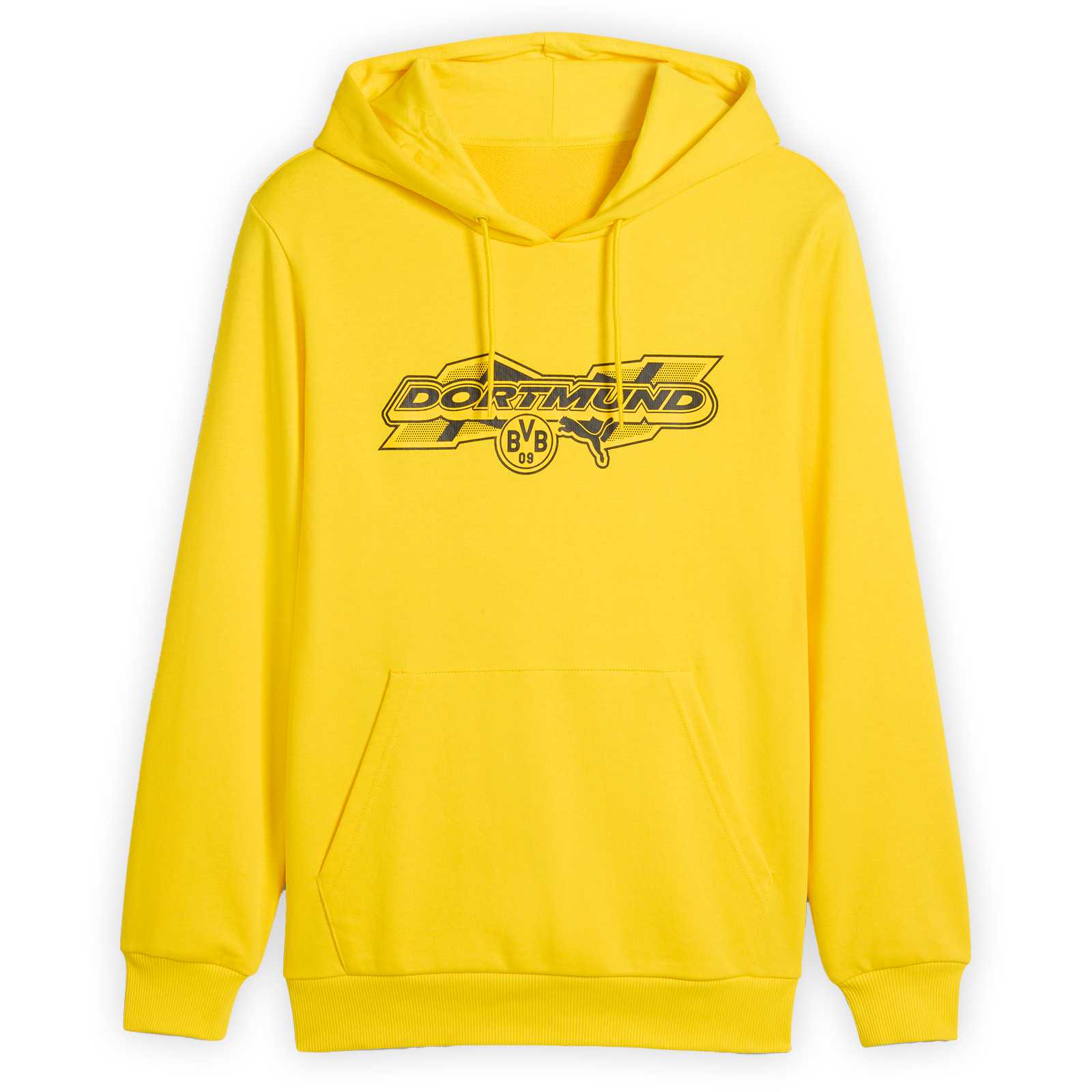 Vorderansicht eines gelben Hoodies mit Retro-Print auf der Brust sowie das BVB- und Puma-Logo.