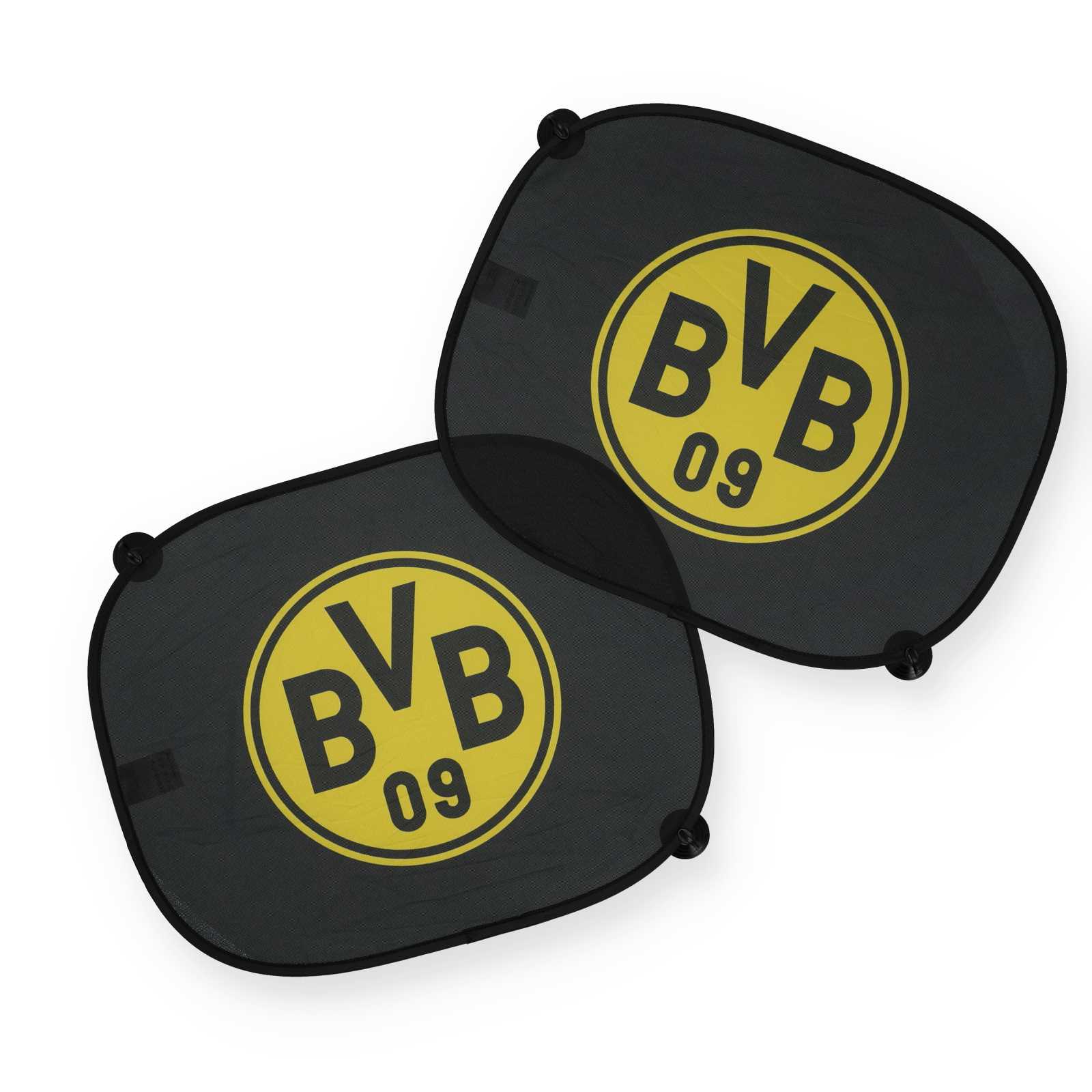 Vorderaufnahme der 2 schwarzen BVB Sonnenblenden fürs Auto mit großem, gelbem BVB Logo in der Mitte und je 2 Saugnäpfen an den Rändern.