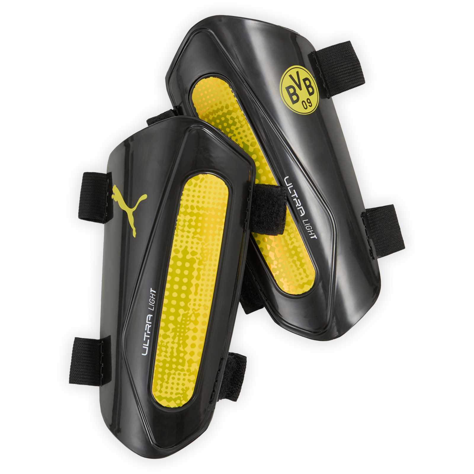 Vorderansicht der schwarzen BVB Schienbeinschoner mit gelben Einsätzen. Auf dem einen ist das gelbe PUMA Logo, auf dem anderen das BVB Logo abgebildet.