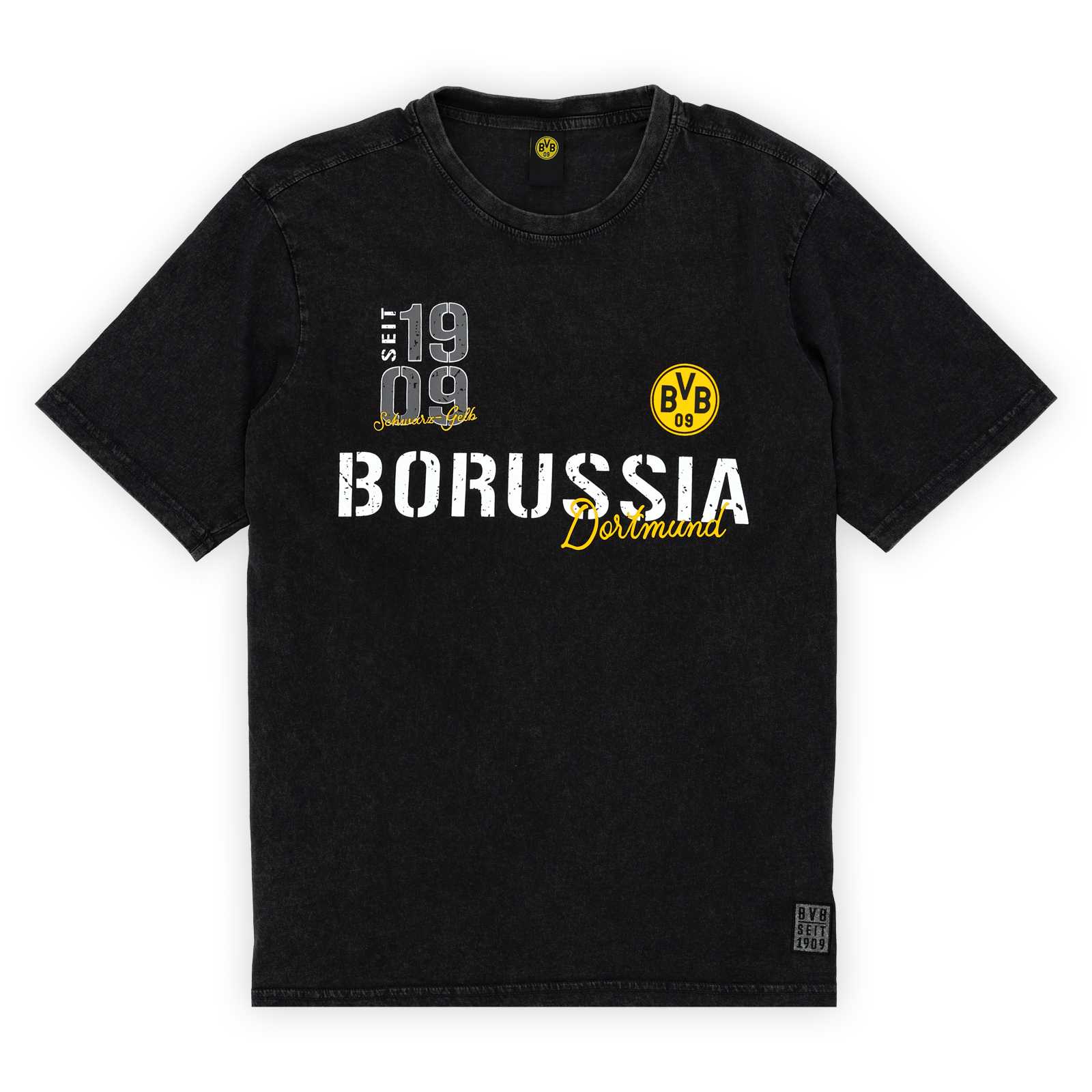 Vorderansicht des schwarzen Elements-T-Shirts mit verschiedenen Schriftzügen auf der Brust