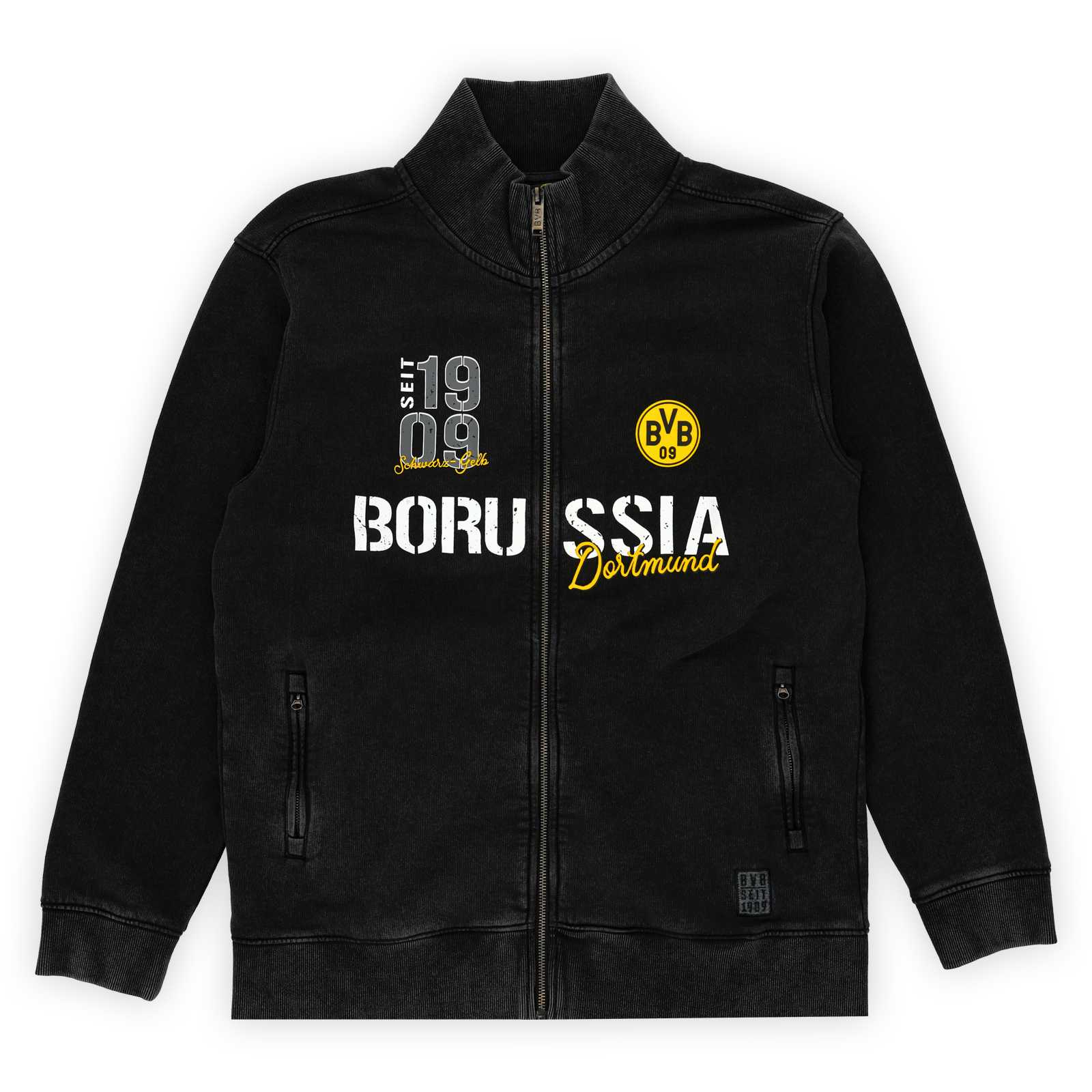 Vorderansicht der schwarzen Elements-Sweatjacke mit verschiedenen Schriftzügen auf der Brust