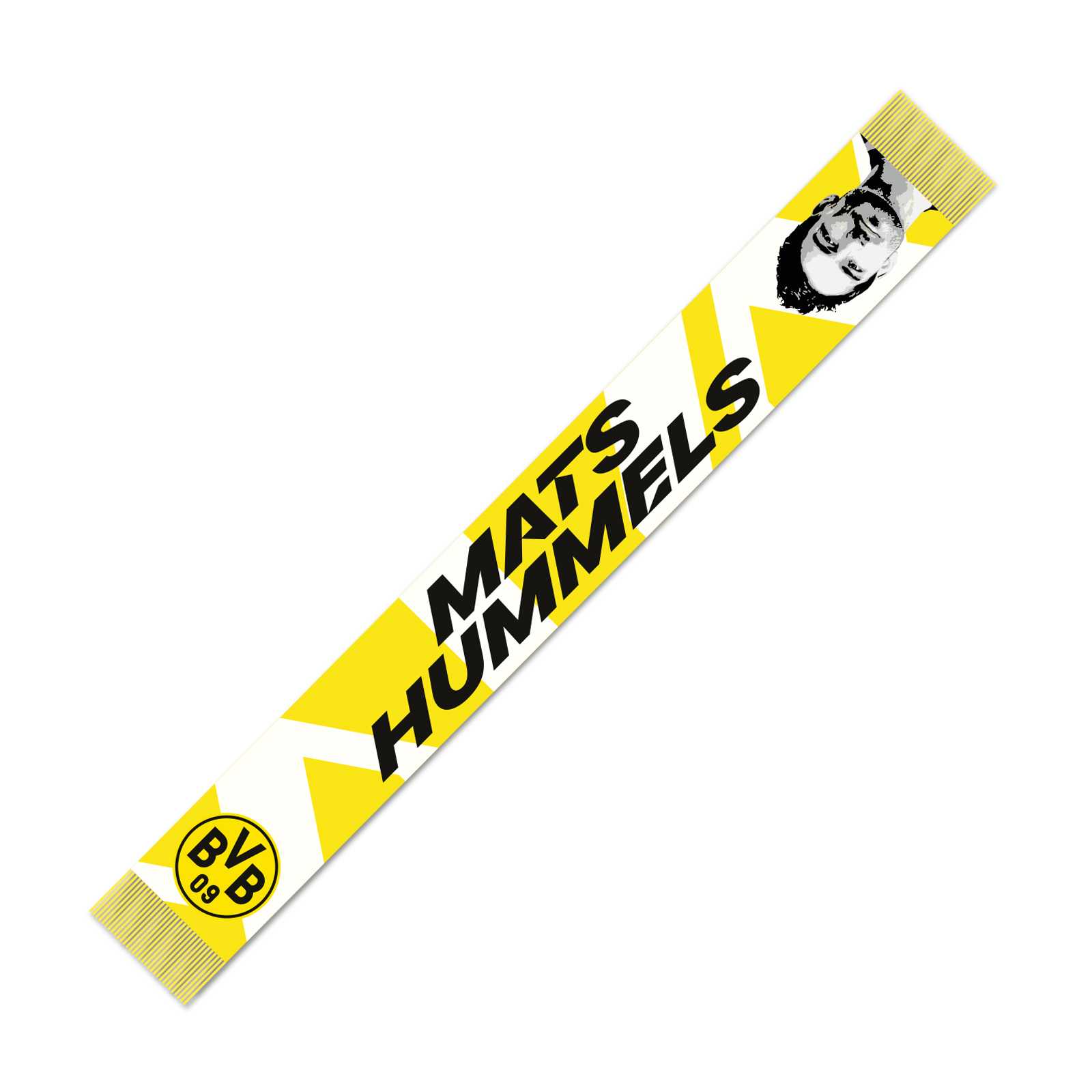 Vorderansicht des gelb-weißen BVB Schals zum Abschied von Mats Hummels mit Schriftzug "Mats Hummels", dem BVB Logo und einem schwarzweißen Portrait von Mats Hummels