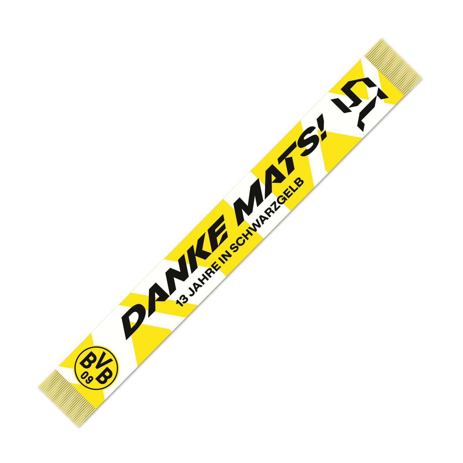 Rückansicht des gelb-weißen BVB Schals zum Abschied von Mats Hummels mit Schriftzug "Danke Mats, 13 Jahre in Schwarzgelb" dem BVB Logo und der Nummer 15