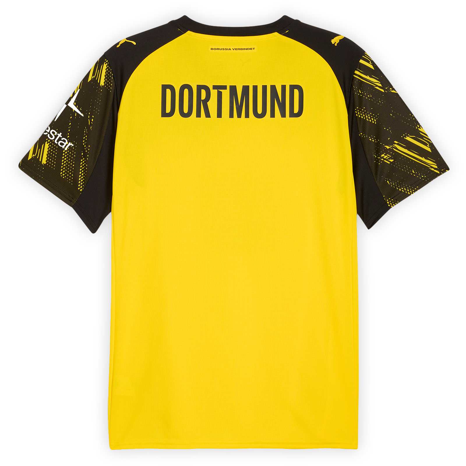 Rückansicht des gelben BVB-Heimtrikot 25/26 mit schwarzem Schraffurmuster auf den Ärmeln und schwarzem DORTMUND-Schriftzug auf dem oberen Rücken